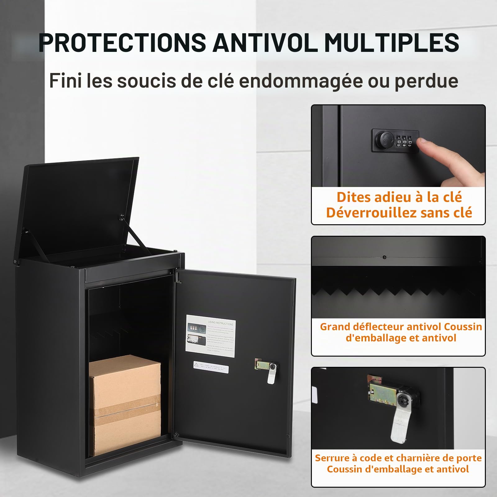 Garvee Boîte à Colis fresquee sécurisée – Acier galvanisé Noir, étanche – Serrure à Combinaison, Ouverture supérieure – Capacité 1,9 pi³ – pour entrée ou Porche – 39x26x53cm, fresque 1 Niveau, Noir