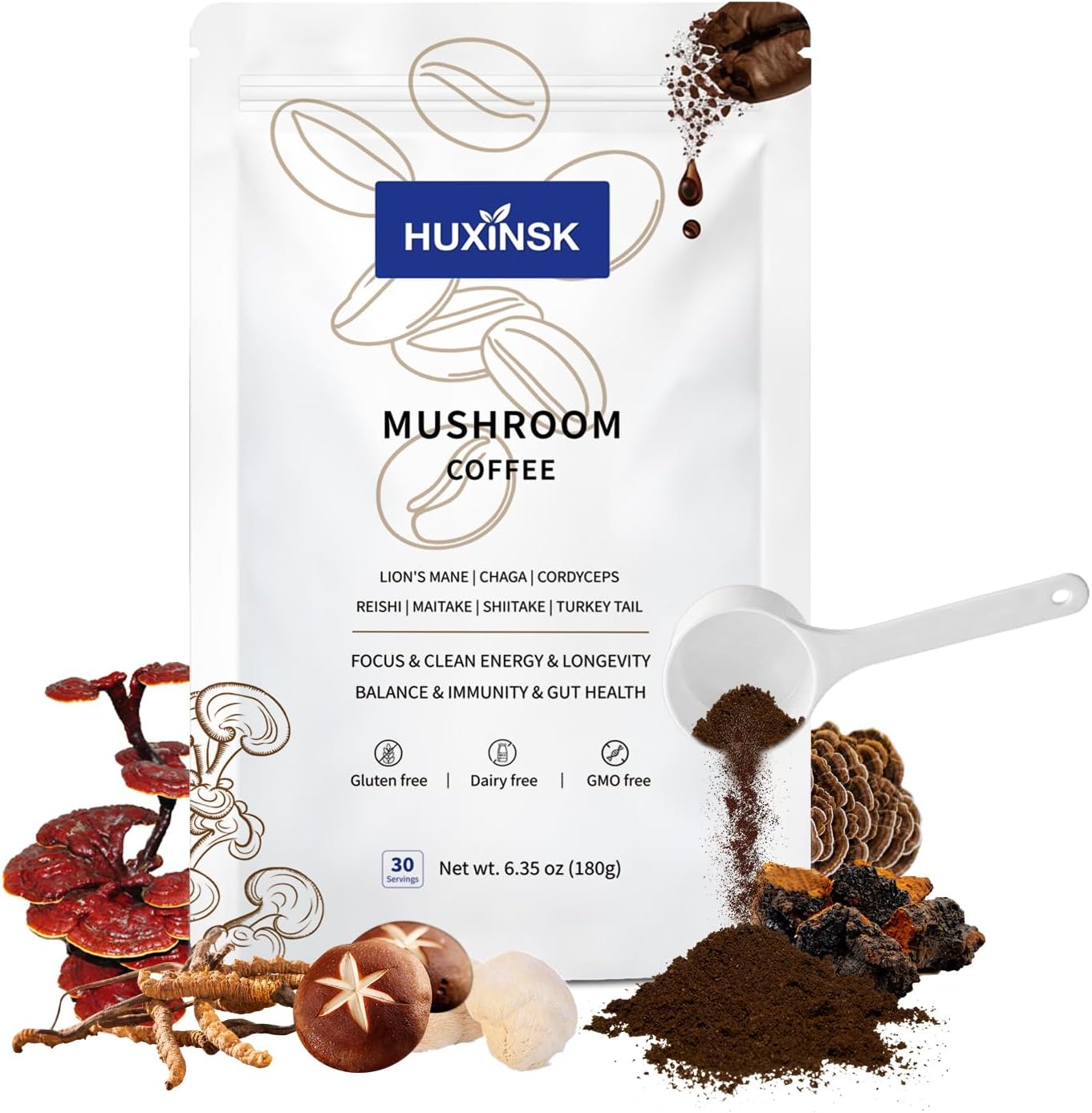 Mushroom Coffee, Organic Instant Coffee Superblend with Collagen, β-Glucan (Prebiotic), Lion’s Mane, Reishi, Cordyceps for Focus, Energy, Immune and Gut Health Support, 30 Servings