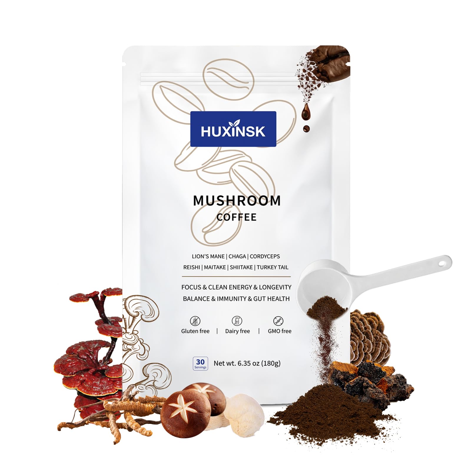 Mushroom Coffee, Organic Instant Mushroom Coffee, 30 Servings