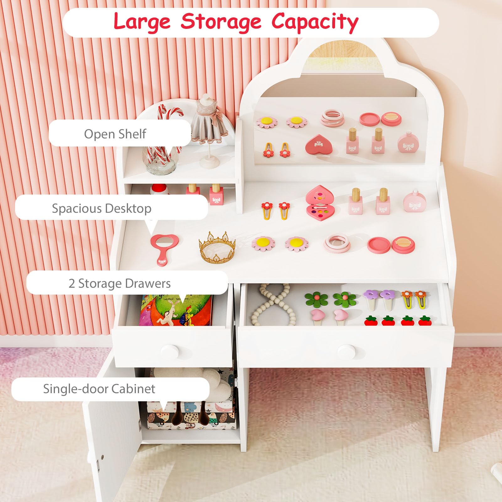 LIFEZEAL 2 en 1 Coiffeuse Enfant Fille avec Chaise & Miroir Amovible, Table de Maquillage avec Tabouret, Casier, 2 Tiroirs, étagère, Bureau en Bois 3-7 Ans, Blanc