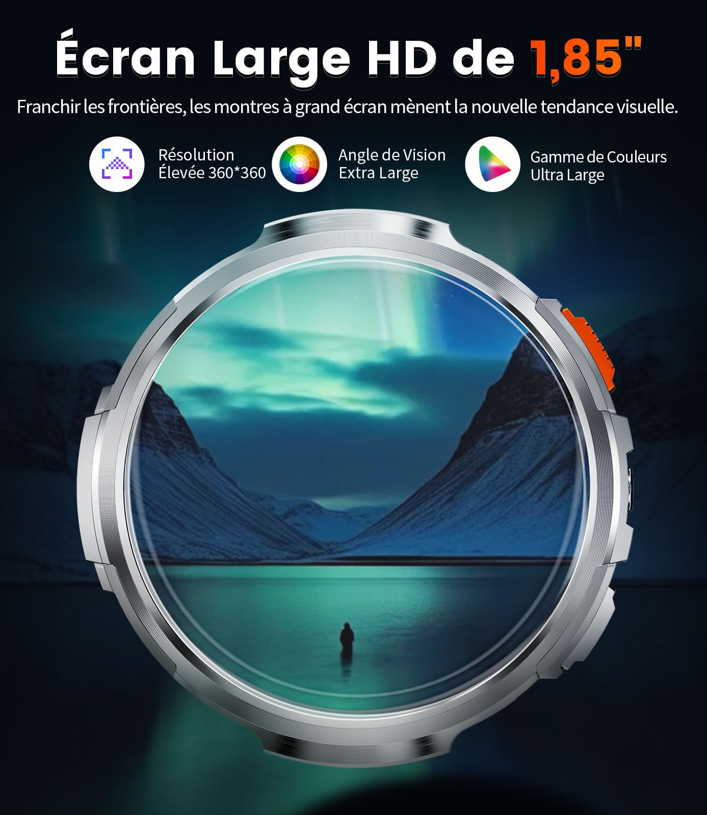 Montre Connectée Homme avec 1,85'' HD Grand Écran/LED Lampe/730mAh Batterie,Smartwatch avec 120+ Modes Sportifs,24/7 Moniteur de Fréquence Cardiaque et Sommeil,IP68 Étanche pour Android iOS,Argenté