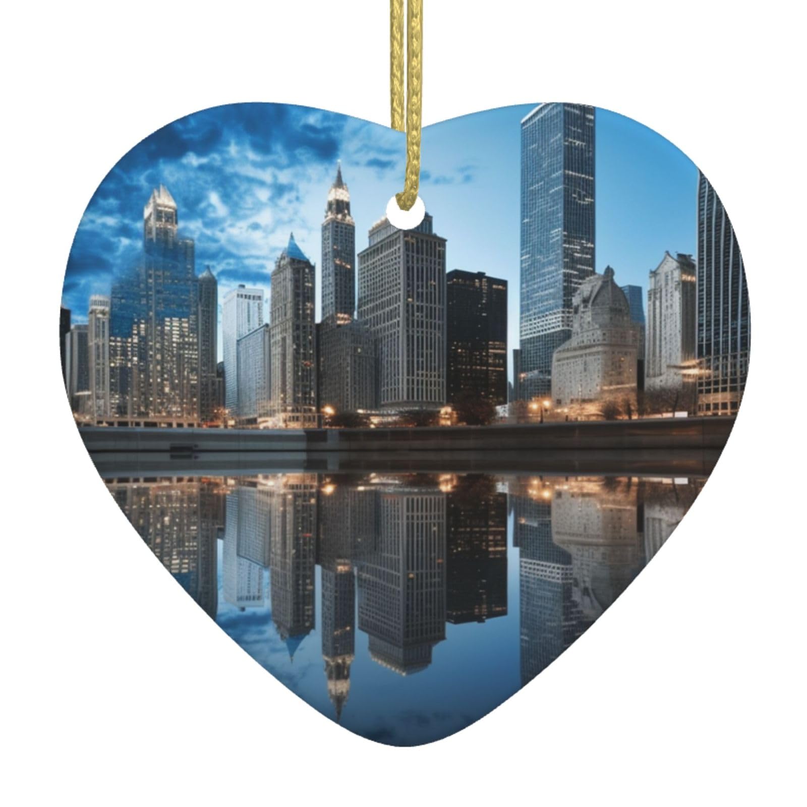Chicago Reflected Christmas Ornament 2025 Heart Ceramic Hanging Ornaments for Home Decor Christmas Decorations with Gold Rope Double-Sided Xmas Tree Ceramic Hanging for Holiday Party