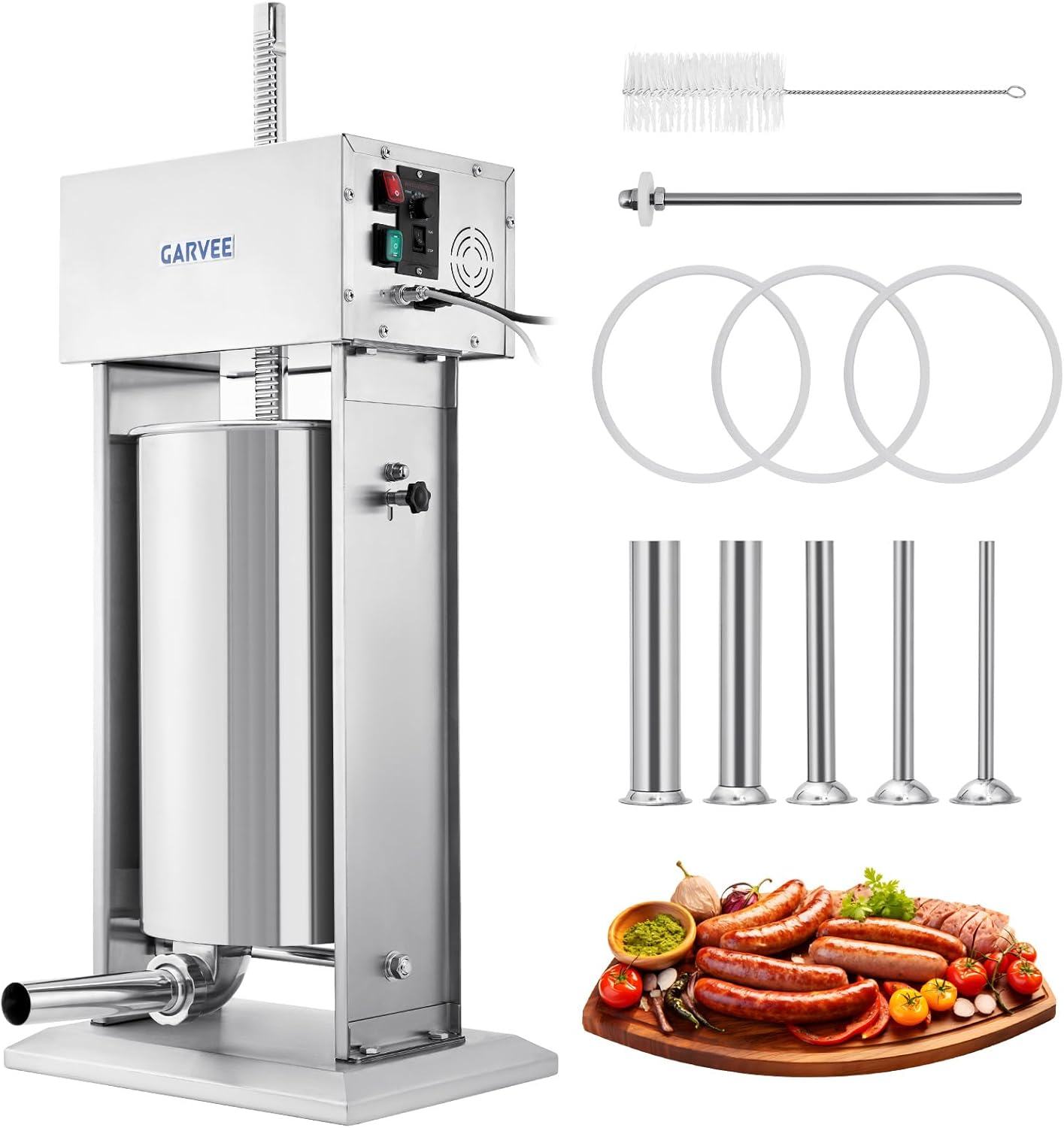 25L Electric Sausage Stuffer, Stainless Steel Meat Sausage Filler Machine with Stepless Speed Control & Foot Pedal, 5 Filling Tubes & Cleaning Kit, Large Sausage Filler Machine for Commercial Home