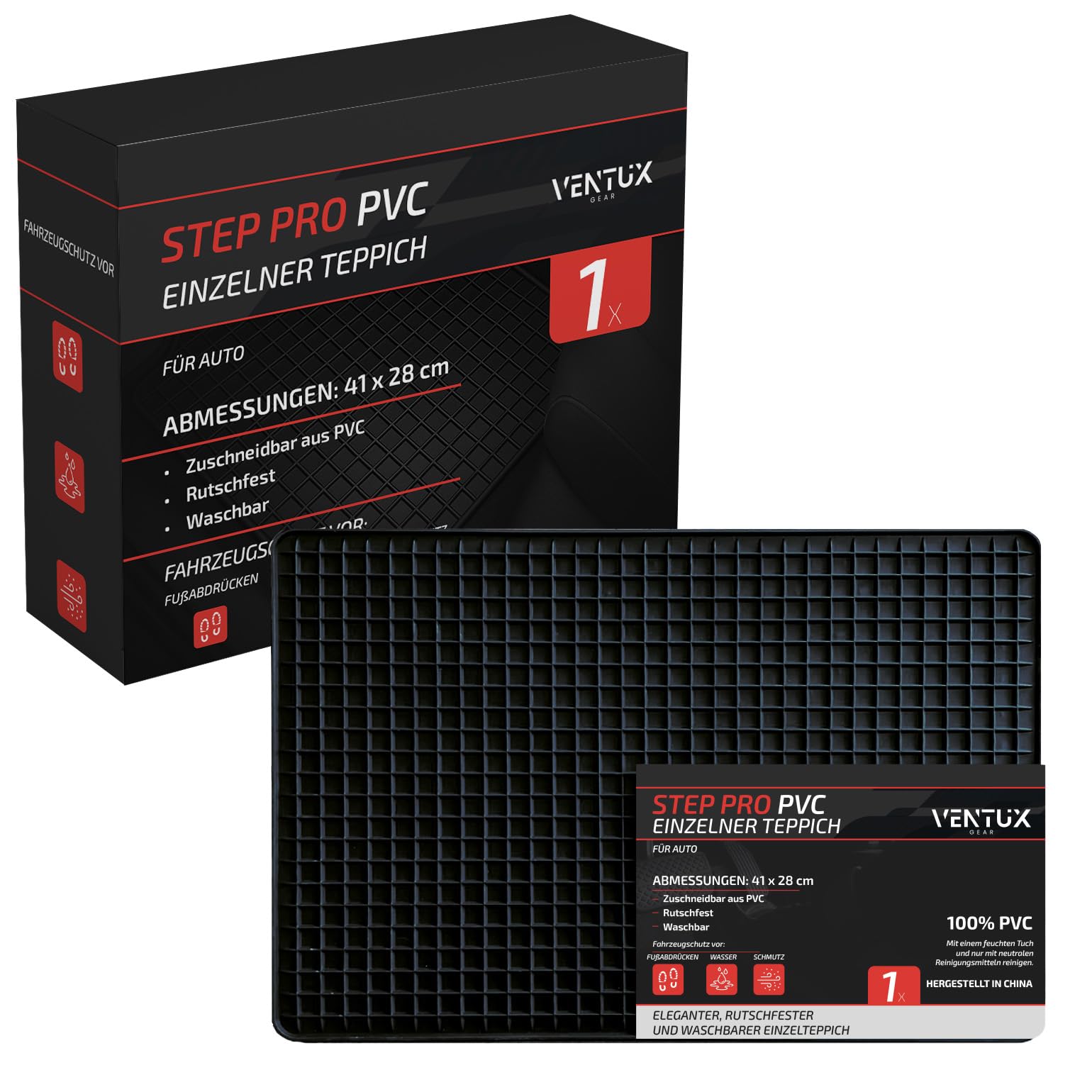 Gummimatten Auto Einzeln PVC Zuschneidbar – 41x28 cm | KFZ Autofußmatte Gummi rutschfest Wasserdicht | Autoteppich Schwarz | Fußmatten Gummi PKW