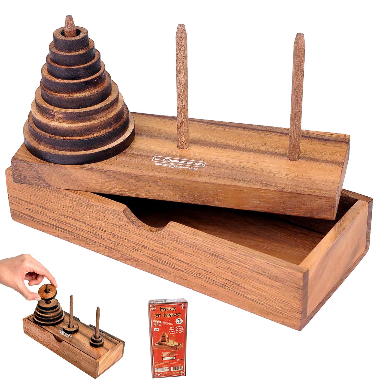 LOGICA GIOCHI Art. Torre di Hanoi 9 Dischi - Rompicapo in Legno Sequenziale - Difficoltà Miste - Scatola Richiudibile
