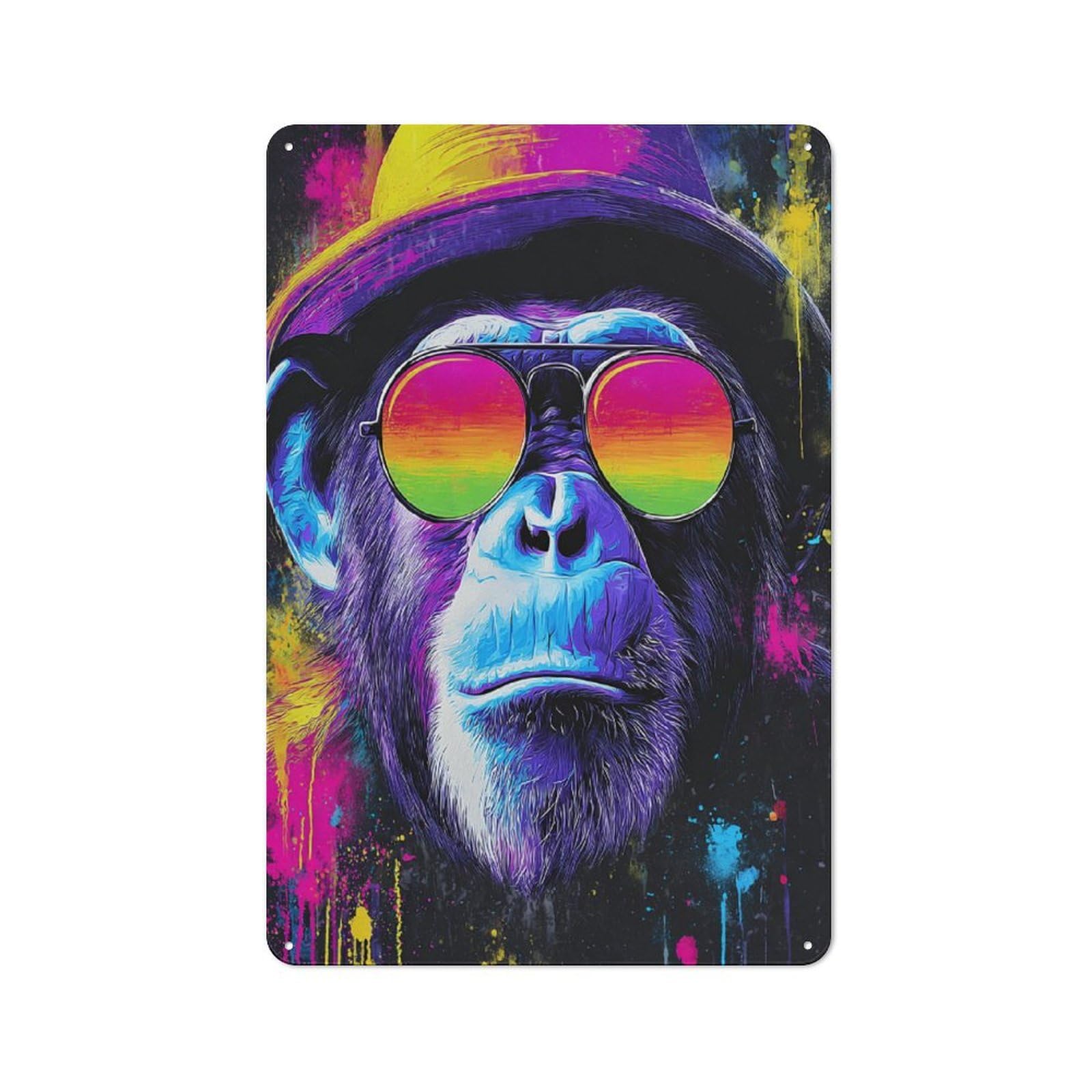 Junmoney Colorful Monkey With Sunglasses -1 Metal Wall Plaque With Design 30X20cm, Retro Small Space Decor For Flat, Dorm Room, Lounge Or Cafe
