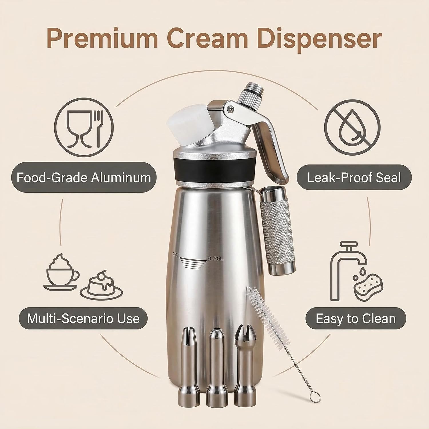 Professional Aluminum Whipped Cream Dispenser - 500ml/1 Pint Leak-Proof Whipped Cream Maker Canister with 3 Decorating Nozzles & Cleaning Brush - Chargers (Not Included)