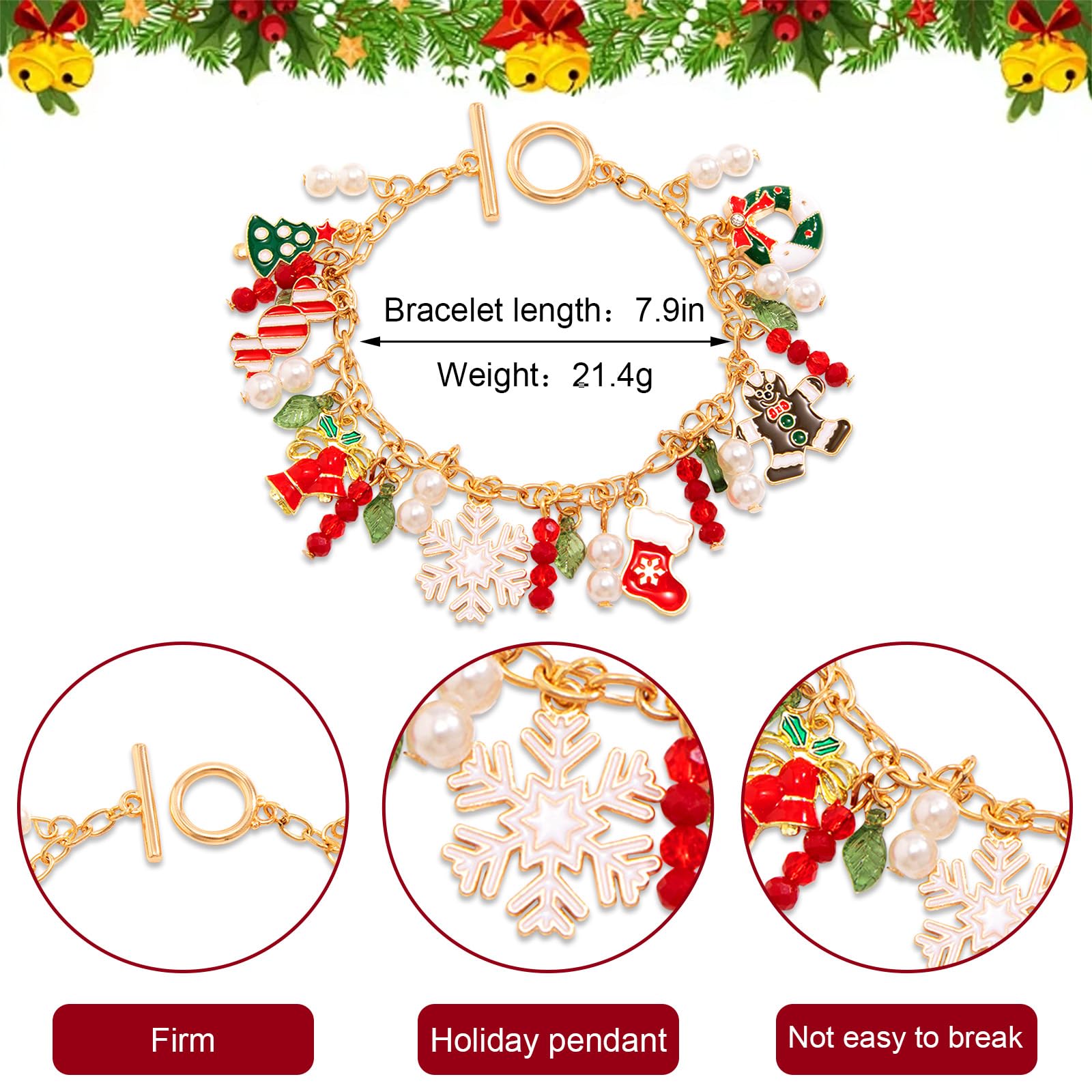 Hying 1 Piece Christmas Bracelets for Women, Xmas Trees Wreath Bracelet Snowflake Pearl Beaded Charm Bracelets Christmas Themed Accessories Festive Jewelry Gifts for Christmas Party Favor