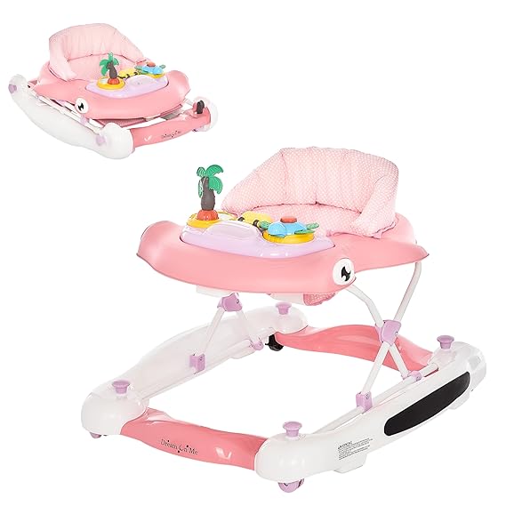 Dream on Me 2-in-1 Aloha Fun Baby Walker in Pink, Easily Convertible Baby Walker, Adjustable Three Position Height Settings, Easy to Fold and Store