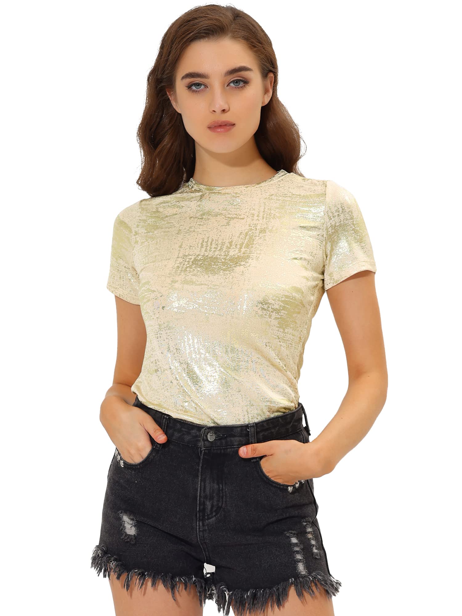 Allegra K Mujer Blusa Corta Metálica Brillante Halloween Disco Lentejuelas