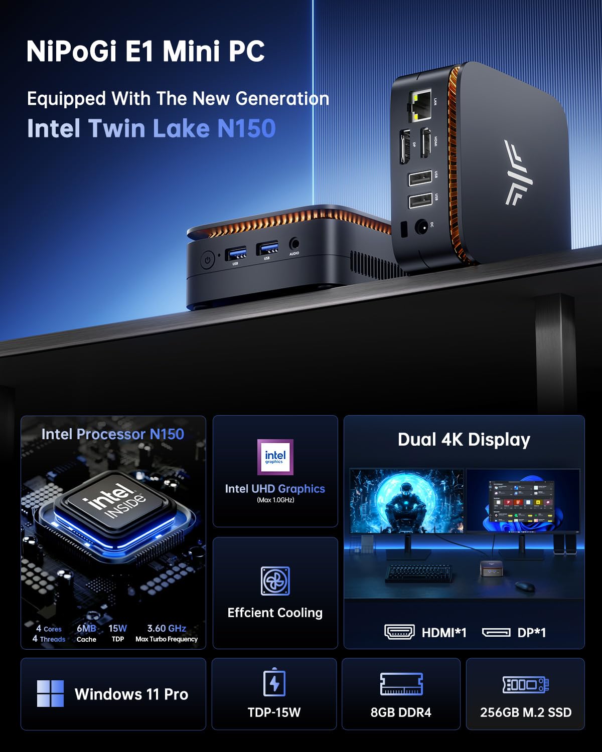 NiPoGi AK1PLUS Mini PC Ιntel 12th Gen Alder Lake-Ν N95(Max 3,4GHz) 8GB DDR4 256GB M.2 SSD,Mini Computer mit 4K@60Hz UHD Dual Display/WiFi 5/BT4.2/RJ45,Micro PC für Geschäftsbüro, Schule,Heimkino