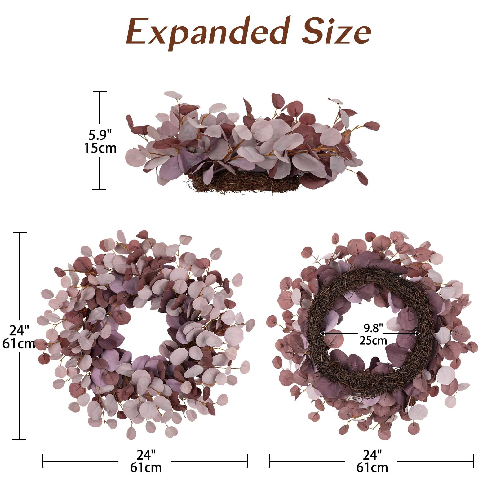Künstlicher Eukalyptuskranz Ø 61 cm – Türkranz mit Grapevine-Basis, Dekokranz in Bordeaux – Kunstkranz für Haustür, Wanddeko, Fenster & Herbst Frühling Dekoration