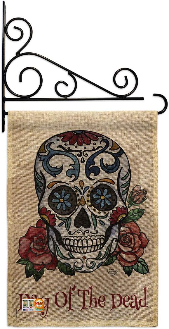 Day of the Dead Garden Flag Set with Stand Falltime Dia De Los Muertos Fiesta Mexican Party Autumntime Small Decorative Gift Yard House Banner Made In USA 13 X 18.5