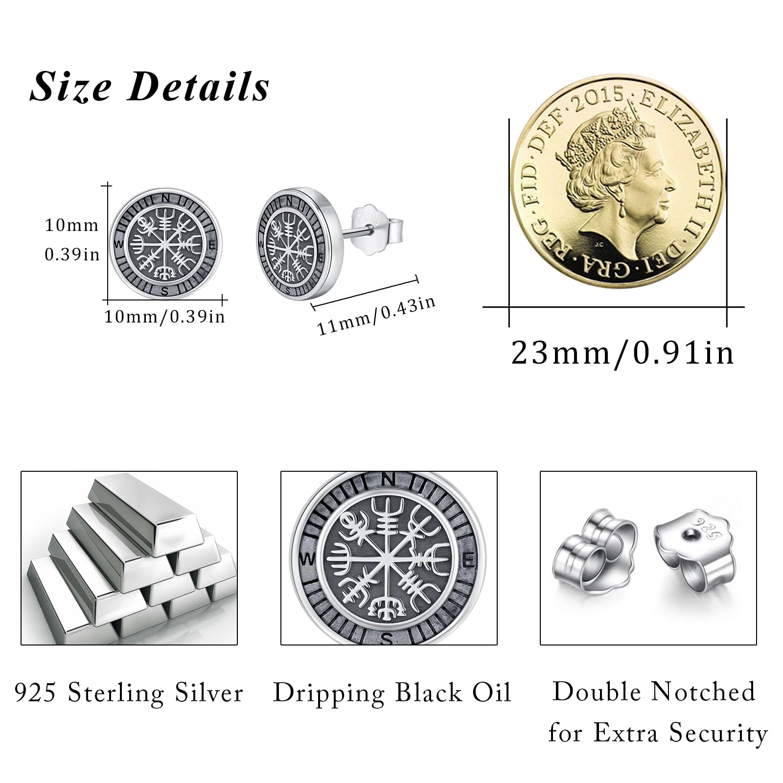 REDSUN Boucles d'oreilles rondes en argent sterling 925 - Boussole viking nordique - Hypoallergéniques - Oxydées - Pour homme et femme