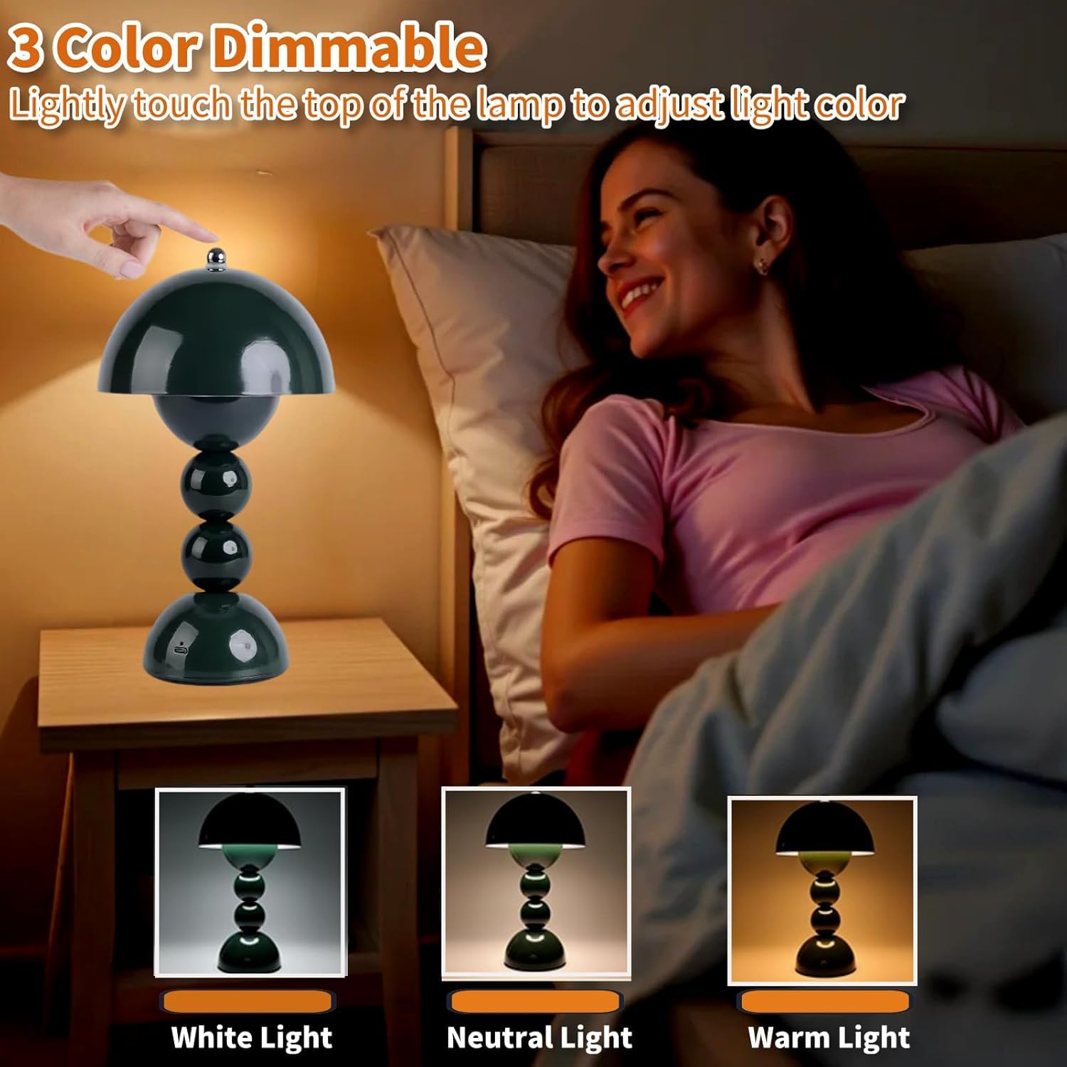 LED Pilz Tischlampe Kabellos Dimmbare aus Metall Akku Tischleuchte USB Aufladbar mit Touch Control Wiederaufladbar Nachttischlampe Tragbare Nachtlicht 3000K-6000K für Schlafzimmer Wohnzimmer,Grün