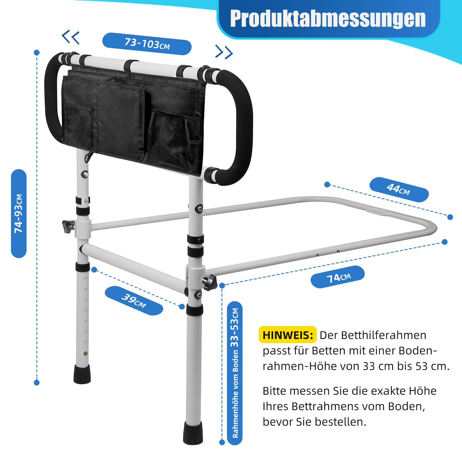 Bett Aufstehhilfe für Senioren, Faltbares & Höhenverstellbares Bettgitter mit Haltegriff, Aufstehhilfe Bett bis 160kg, Inkl. Tasche, Bettschutzgitter für Erwachsene für alle Betten