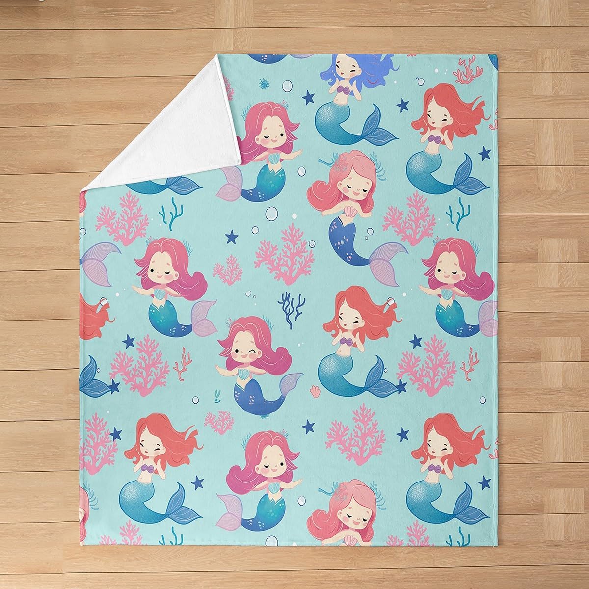 Cartoon Mermaid Fleece Blanket,Lovely Ocean Animal Princess Marine Life Bed Blanket for Kids Teens,Undesea Coral Starfish Blue Flannel Blanket for Room Decor,Queen 90"x90"