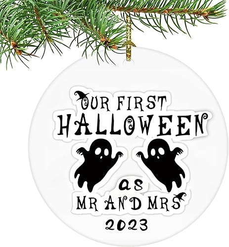 Miniatura 1 de 2023 Our First Halloween as Mr. and Mrs. Ornamento colgante accesorios de decoración, adorno redondo de cerámica para el primer Halloween, boda,