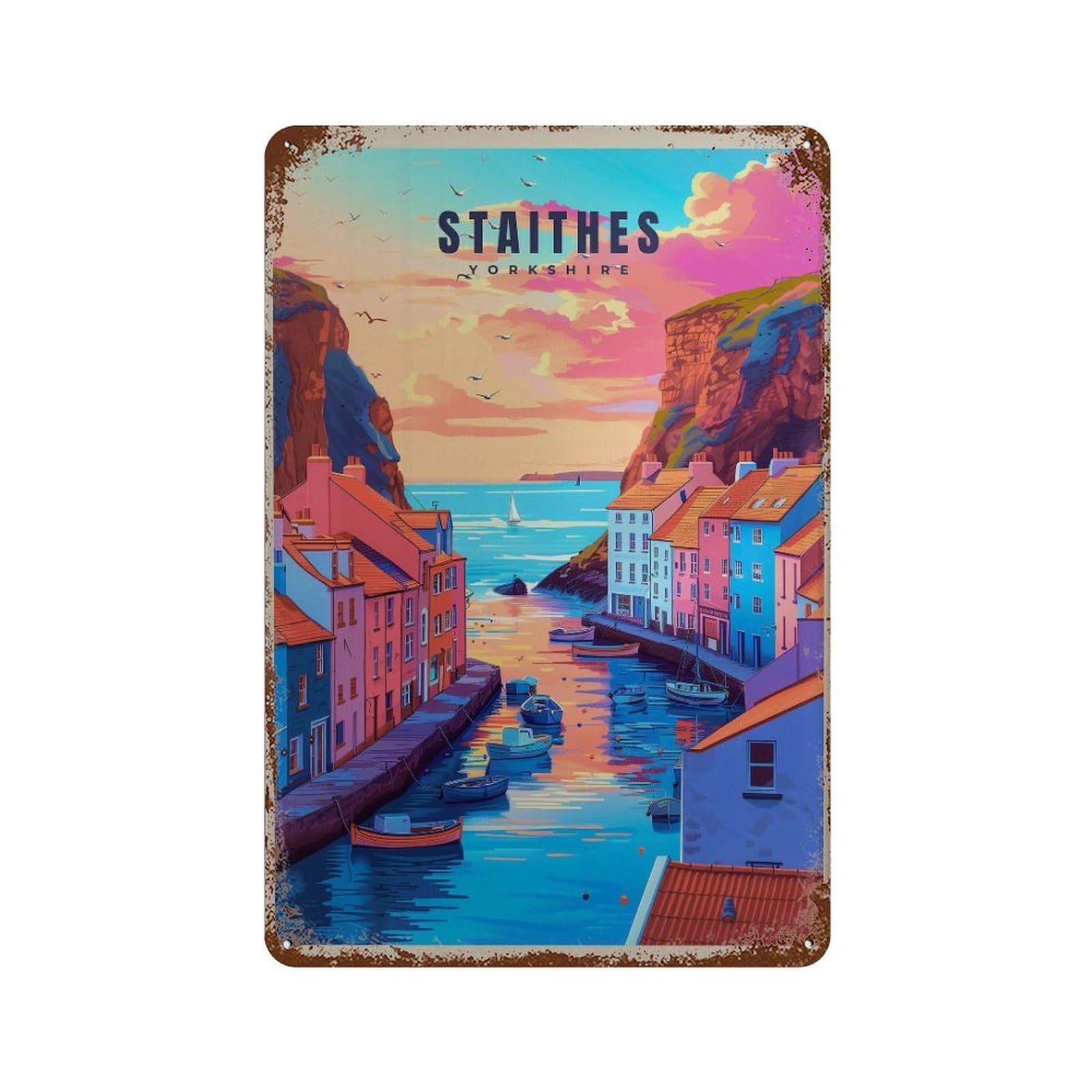 xiaoxiaoshen Staithes Travel Yorkshire Coast Wall Decor Art Metal Tin Poster Modern Home Decor Art Home Bar Shop Decorations Vintage Sign 30x20cm