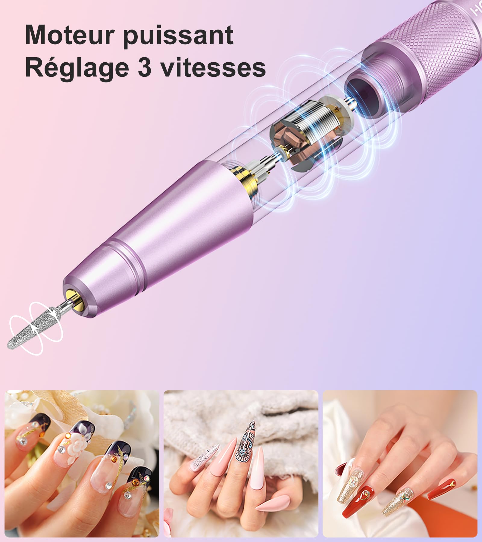 HEBECA Ponceuse pour ongles professionnel - 20000RPM Lime a Ongle Electrique Portable - Ponceuse Ongles sans fil Kit complet de Manucure et Pédicure Polyvalence (Rose)