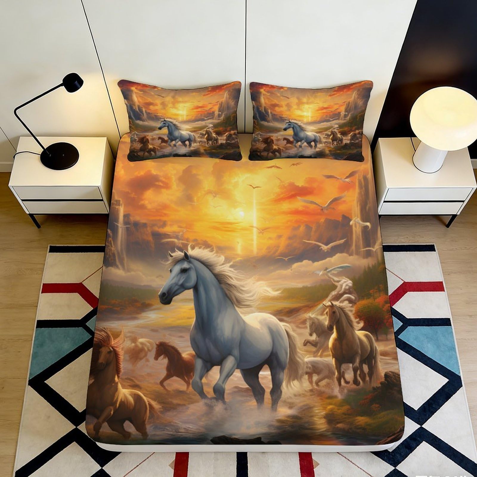3D Printed Sunset Horse Fitted Sheet Microfiber Soft Breathable Wild Meadow Bed Cover for Bedroom Guest Room Decor 90x200x25cm