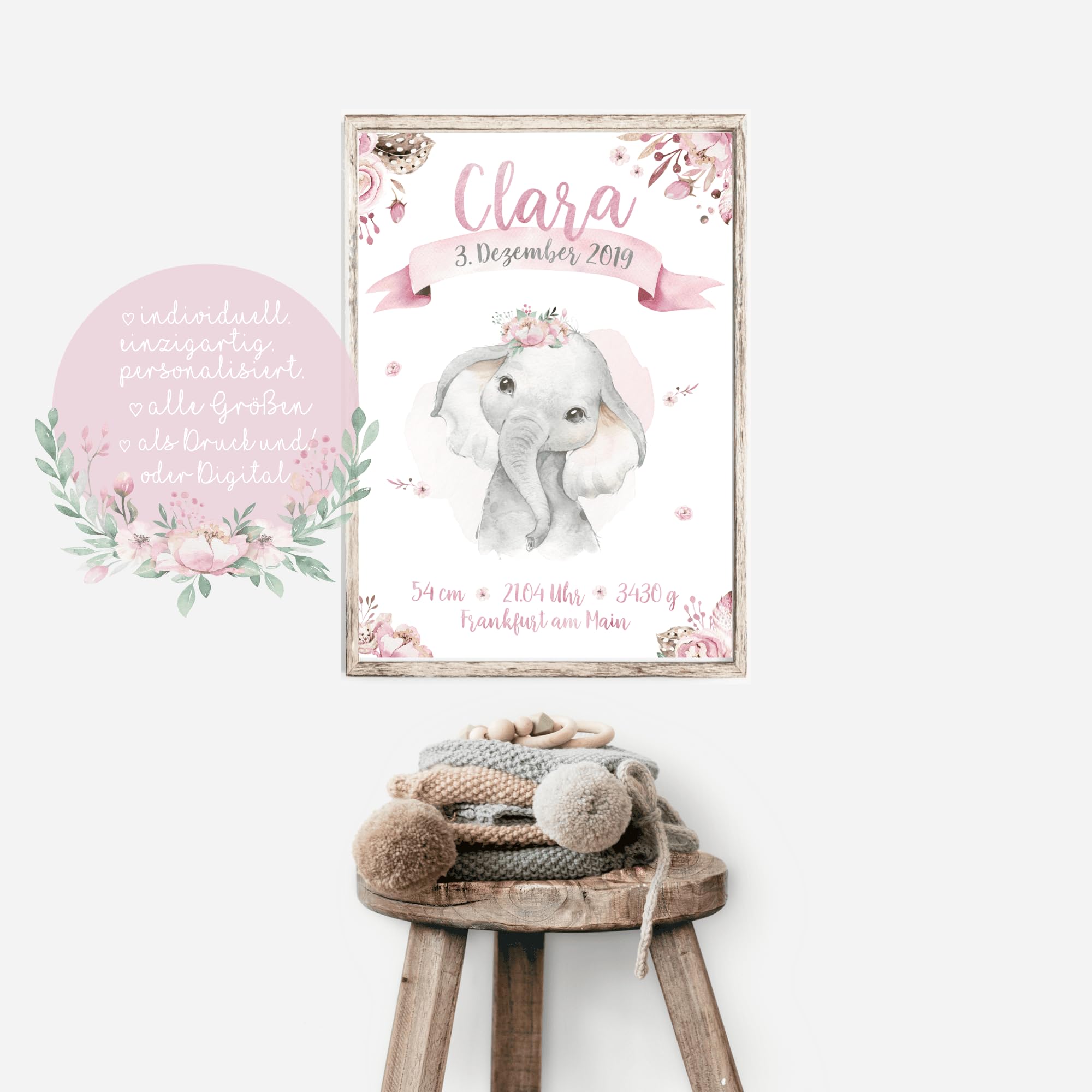 double critical Personalisiertes Geburtsposter Baby-Elefant – Mädchen Aquarell Poster mit Name und Geburtsdaten – Rosa Blumen Deko Kinderzimmer – Geschenk zur Geburt oder Taufe DIN A4 A3