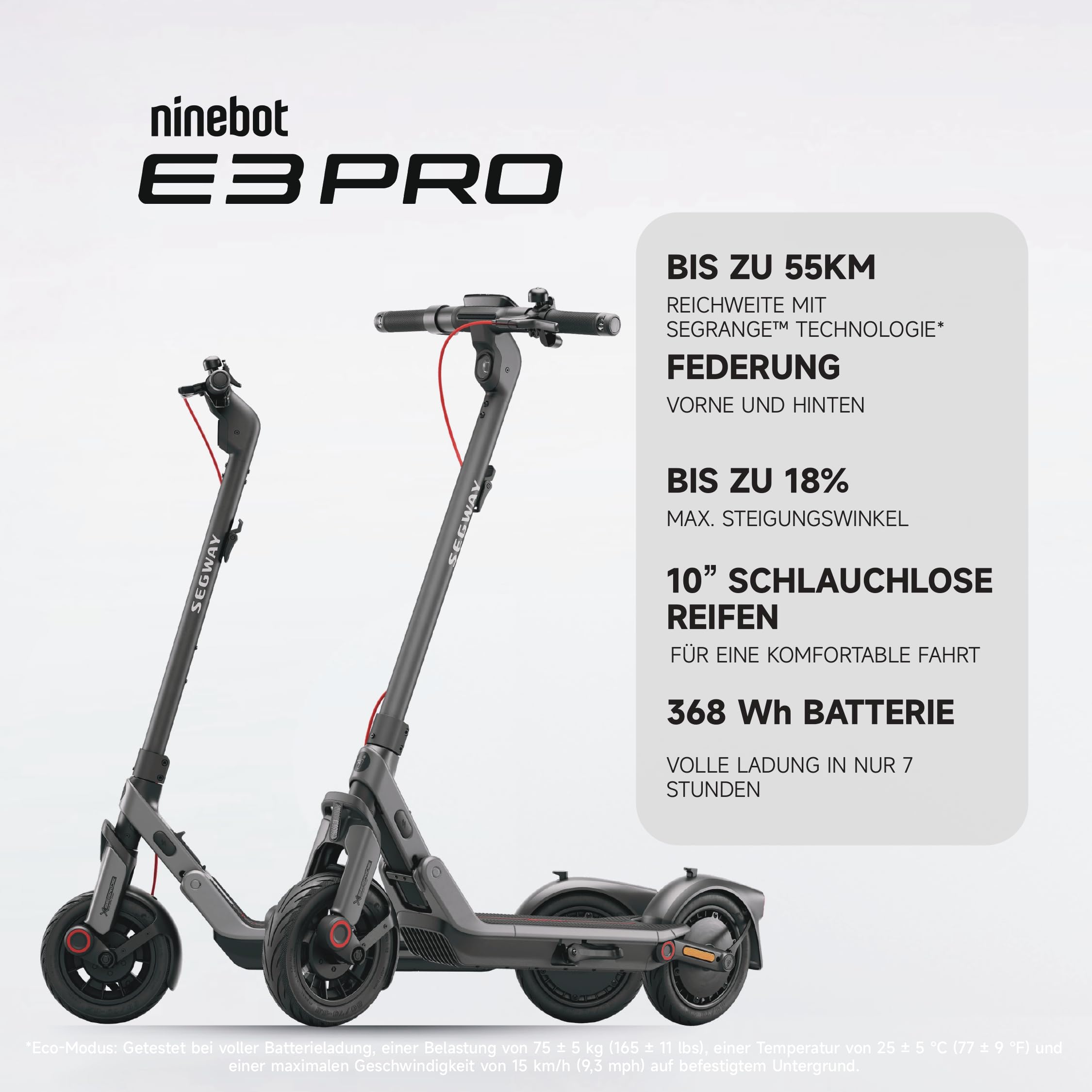 Segway-Ninebot E3 Pro D, E-Scooter Deutscher Straßenzulassung, 55 km Eco Modus Reichweite, 47km Sport Modus Reichweite, Federung vorne & hinten, 800 W Motor, faltbar, 17,9 kg, 10-Zoll Reifen, IPX5