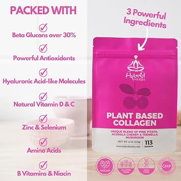 Plant Based Collagen Powder 113g - Vegan Collagen Boosting Supplement with Tremella Mushroom, Pink Pitaya & Acerola Cherry | for Skin, Hair & Joints | Natural Vitamin C | 113 Servings