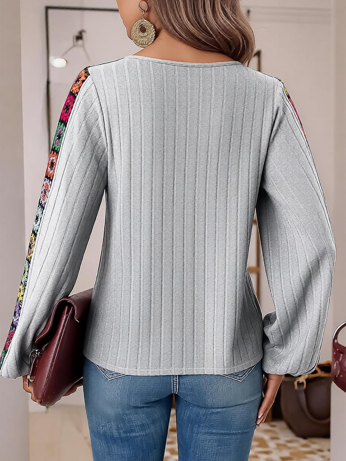 Flamingals Floral Embroidery V Neck Long Sleeve Spring Tops 2026 Casual Lantern Sleeve Boho Work Blouse Dressy T Shirts