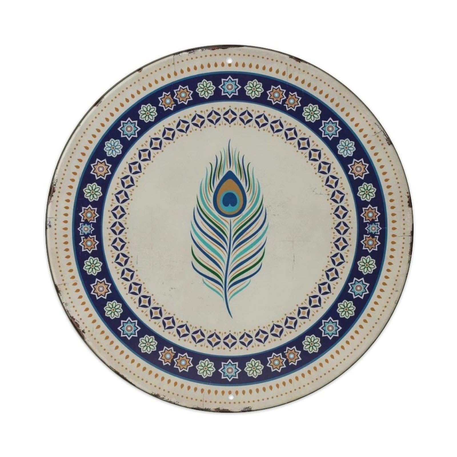 Peacock Feather Mandala Boho Round Metal Tin Sign Plaque