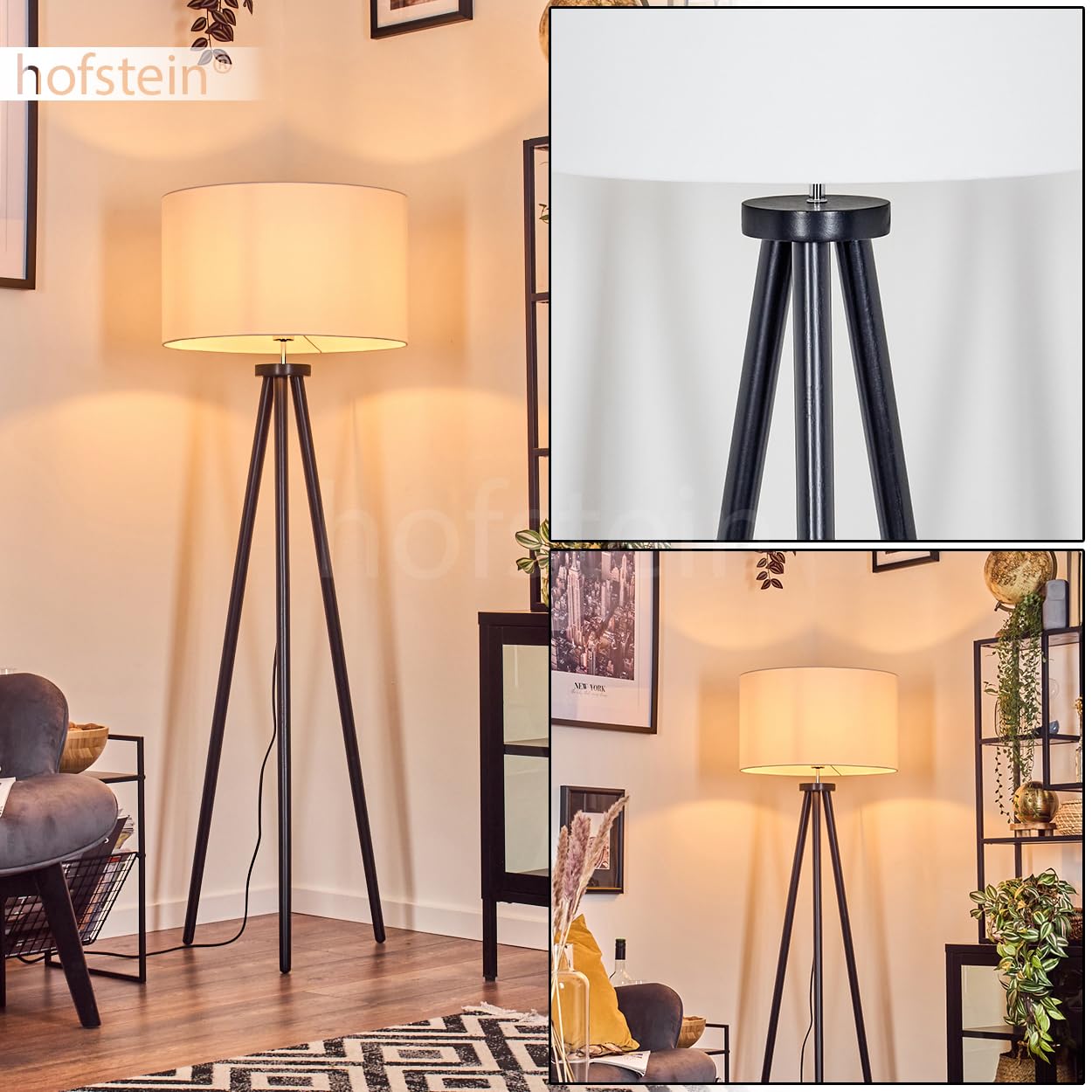Felmming lampa stojąca, lampa podłogowa z drewna/tkaniny w kolorze czarnym/białym, lampa w skandynawskim designie z okrągłym kloszem (Ø 50 cm) i włącznikiem nożnym, wysokość 155 cm, 1x E27 bez żarówki