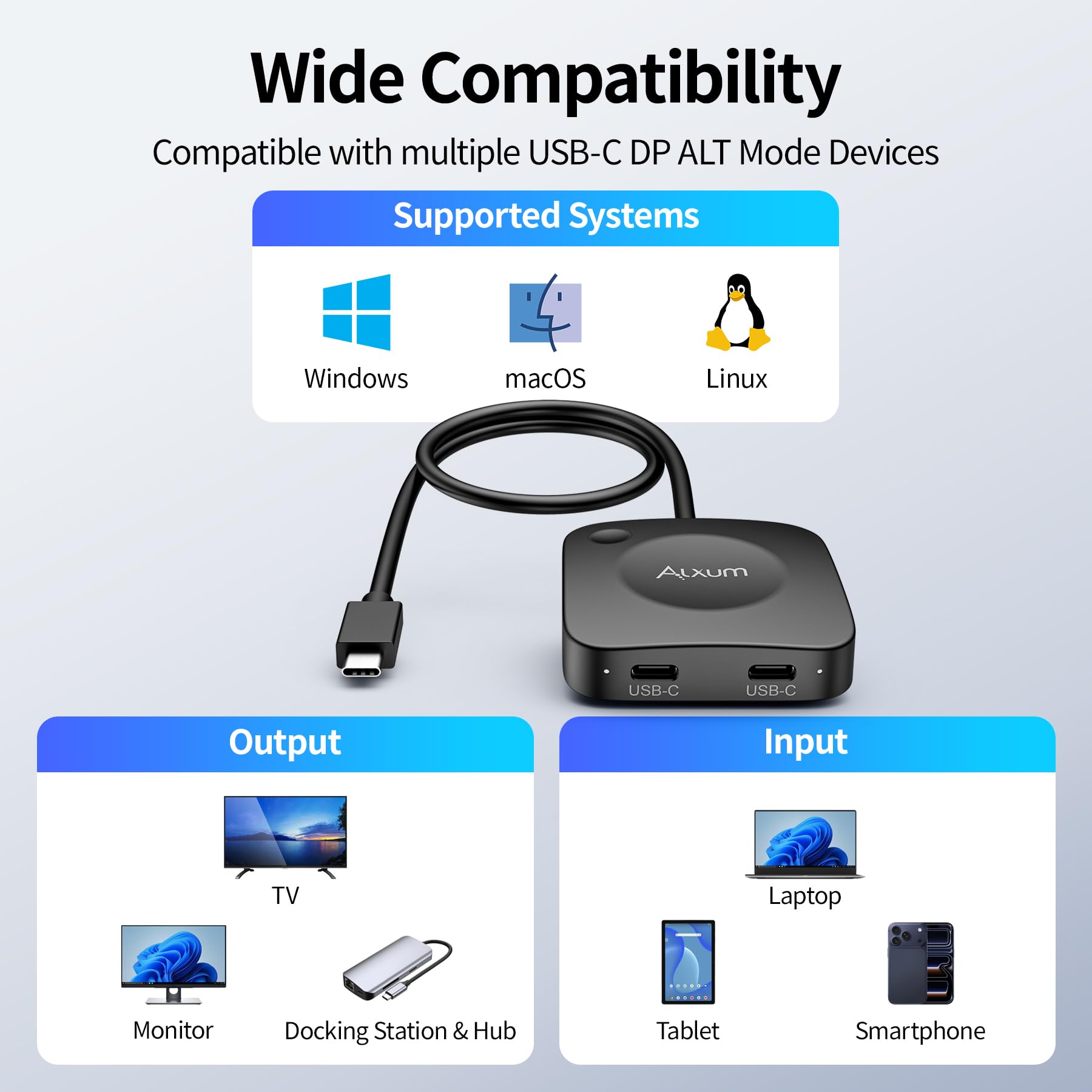 Alxum Commutateur USB C 20 Gbps pour 2 PC, avec PD 3.1 140W, jusqu'à 8K@30Hz sous Windows et 4K@60Hz sous macOS, Partage d’Un Moniteur ou d’Une Station d’Accueil Thunderbolt 4, Bureau et Gaming