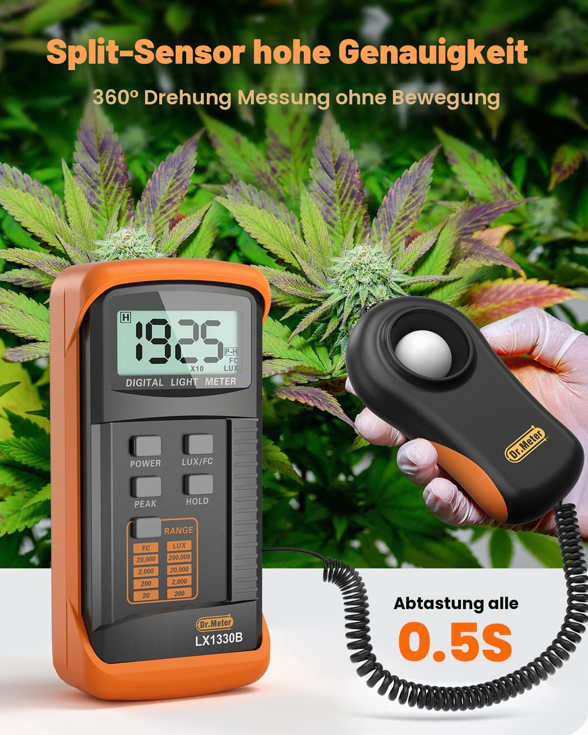 Dr.meter LX1330B Digital Luxmeter, 0-200.000 Messbereich Luxmeter mit 360° Drehbarem Sensor Beleuchtungsintensität Helligkeitsmessung für Innen und Außen, Lichtmessgeräte für Pflanzen