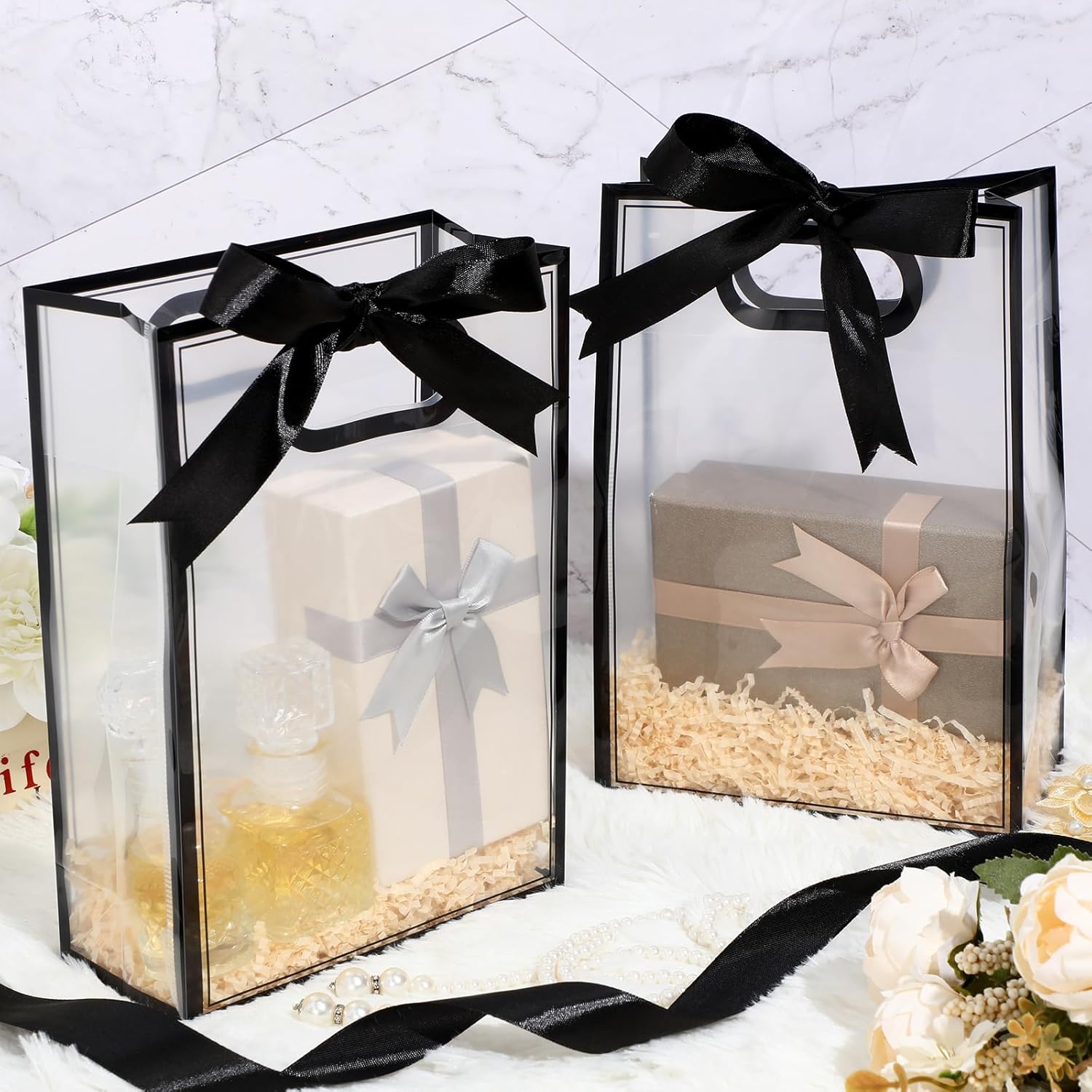 Aliceset 12 Pcs Clear Plastic Gift Bag with Die Cut Handles Reusable PP Favor Bag with Ribbon for Graduation Wedding Bridal Birthday Baby Shower Party Small Business, 7x10x3.15 Inch(Black) - Image 4
