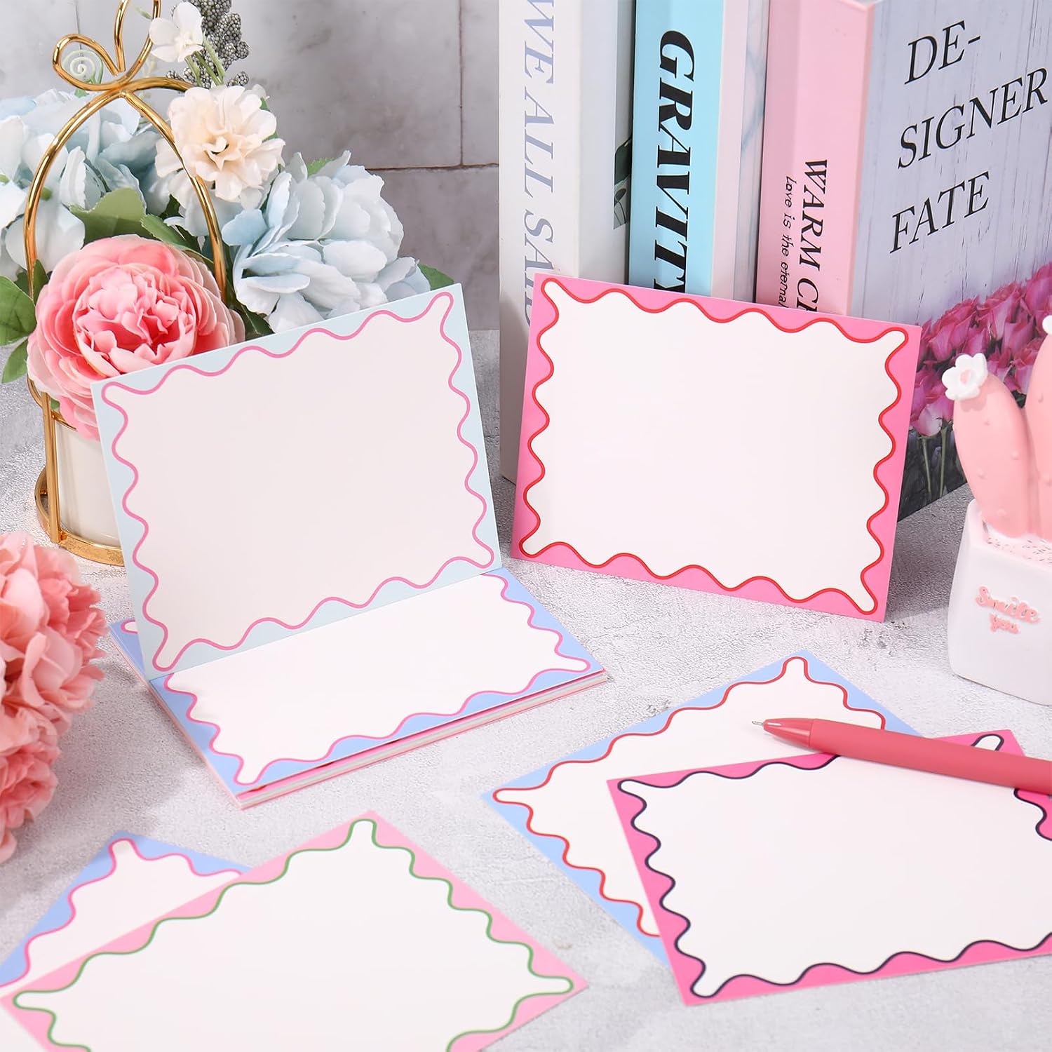 Whaline 24 Pack Colorful Stripe Stationery Cards with Envelopes Blank Thank You Note Cards Scalloped Print Greeting Card for Baby Bridal Shower Wedding Birthday Invitations Supplies