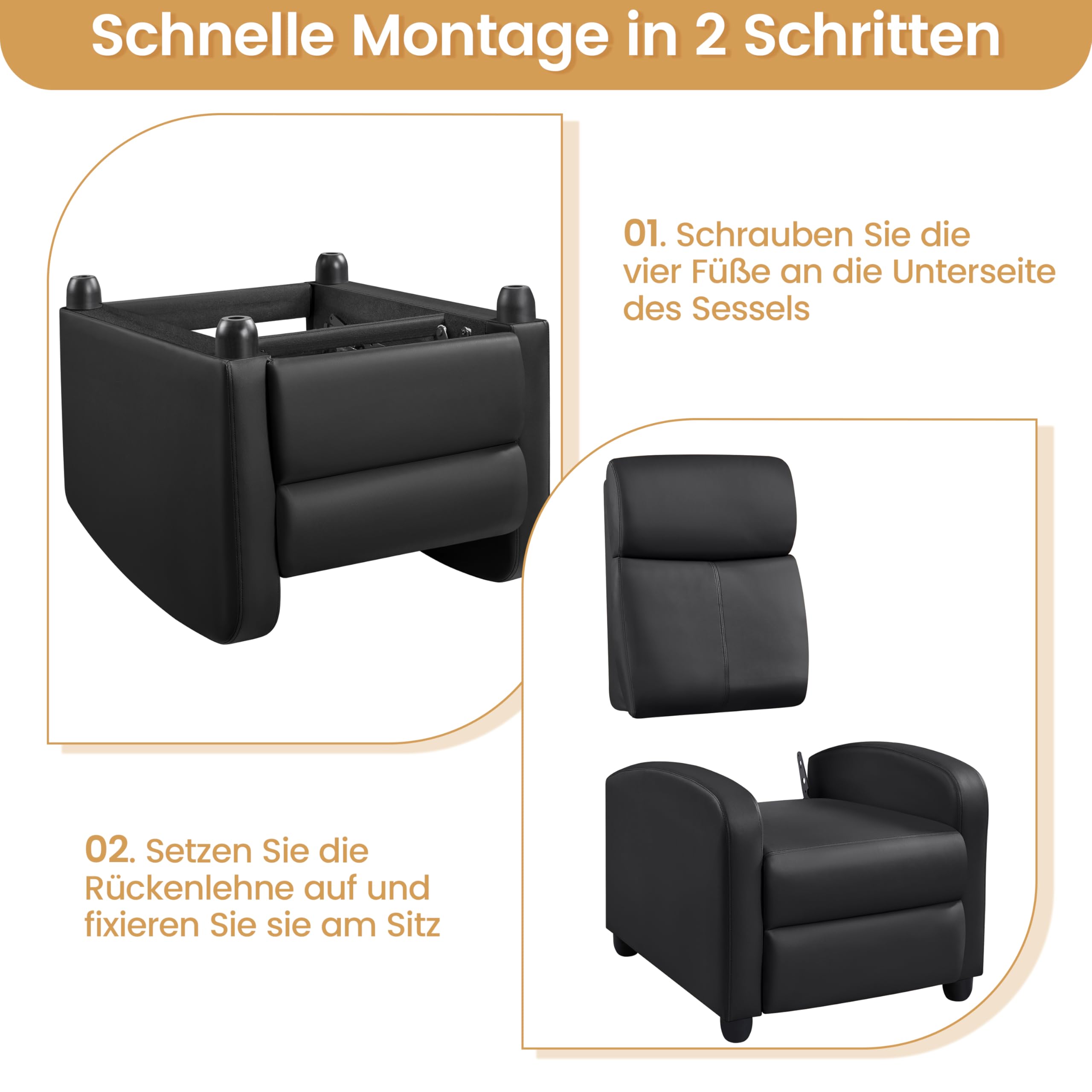 Yaheetech Relaxsessel Fernsehsessel Ruhesessel Liegesessel mit Liege-Funktion Polstersessel Kunstleder verstellbar Einzelliegesessel Wohnzimmer Schlafzimmer Heimkino Schwarz
