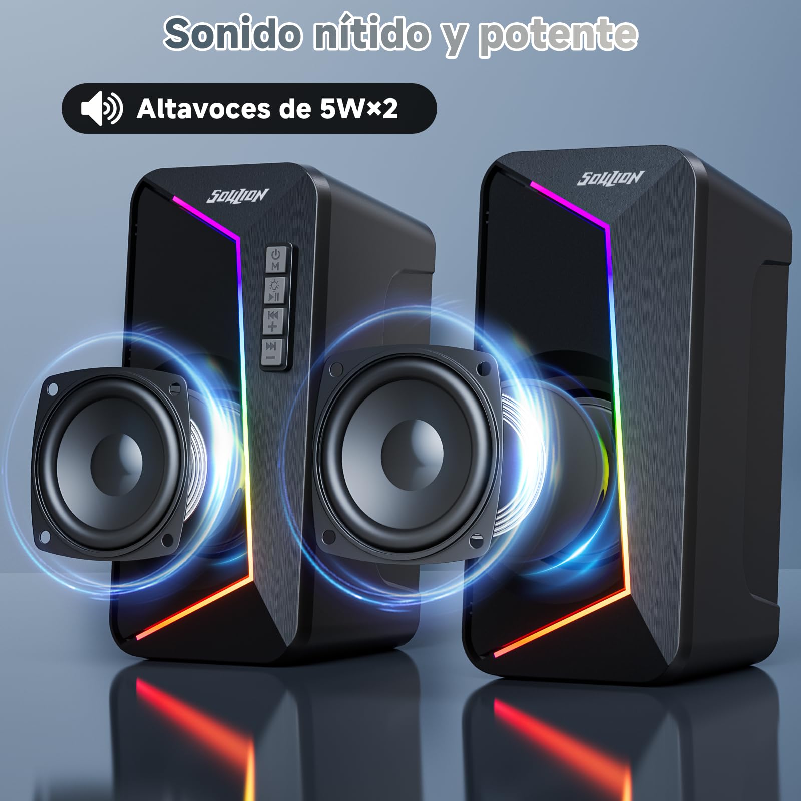 SOULION Altavoces para PC, alimentación USB-C/USB, iluminación LED, 1 par | con control de volumen, altavoces de escritorio con modo USB/Bluetooth para teléfonos, Tablet y monitores, Negro