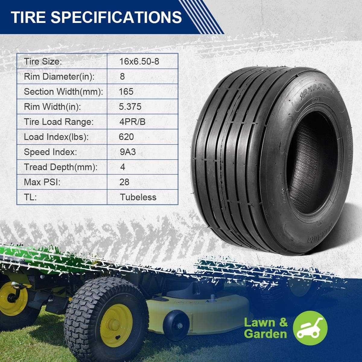 MaxAuto 2 Pcs Straight Rib Lawn & Garden Tire - 16x6.50-8