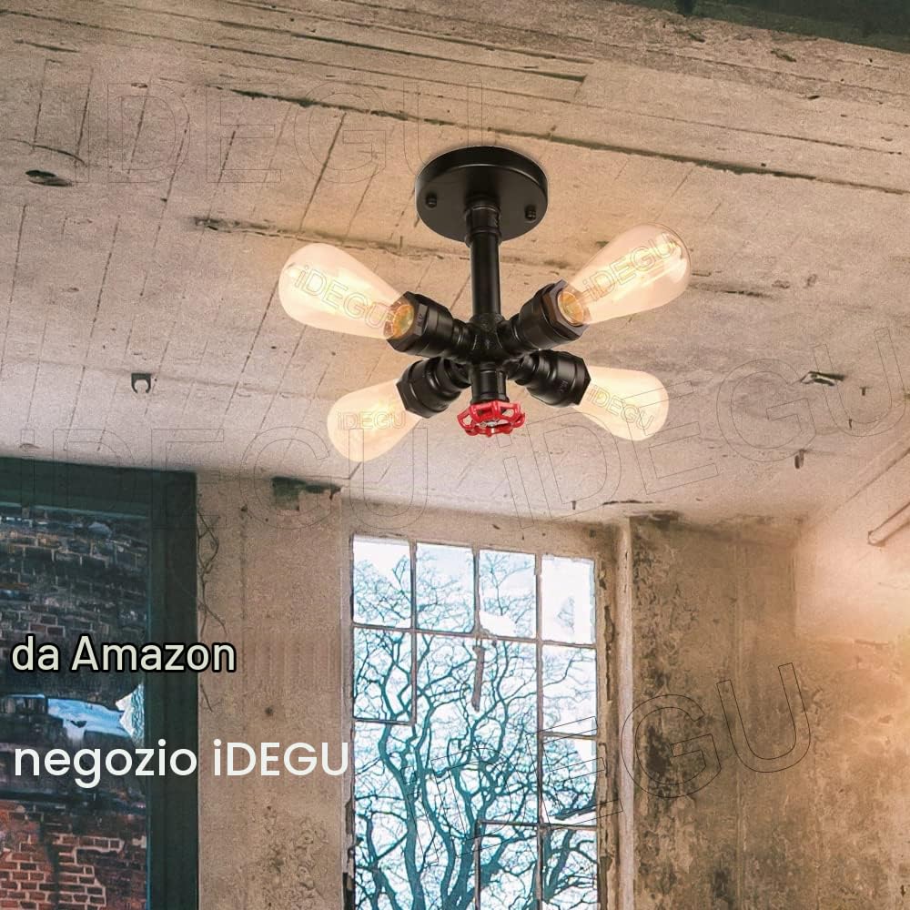 iDEGU 4 Luci Plafoniera Vintage Lampada da Soffitto Stile Tubo Industriale Lampadario per Soggiorno Camera da Letto Cucina (Nero)