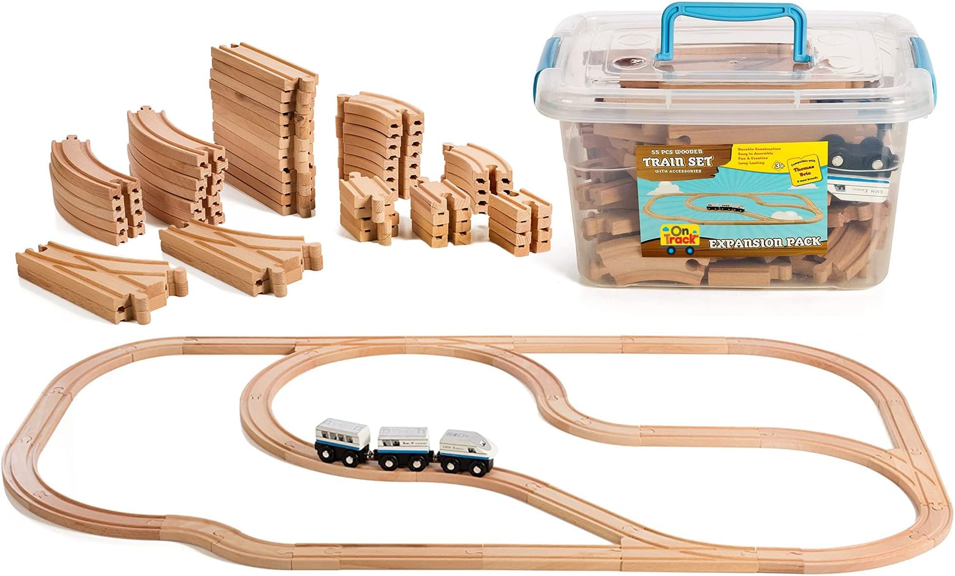 Wooden Train Track Expansion Set with Engine Train Cars - Wood Train Set for Toddlers - Compatible to All Major Brands with Storage Container, 55 Pcs Toy Train Set