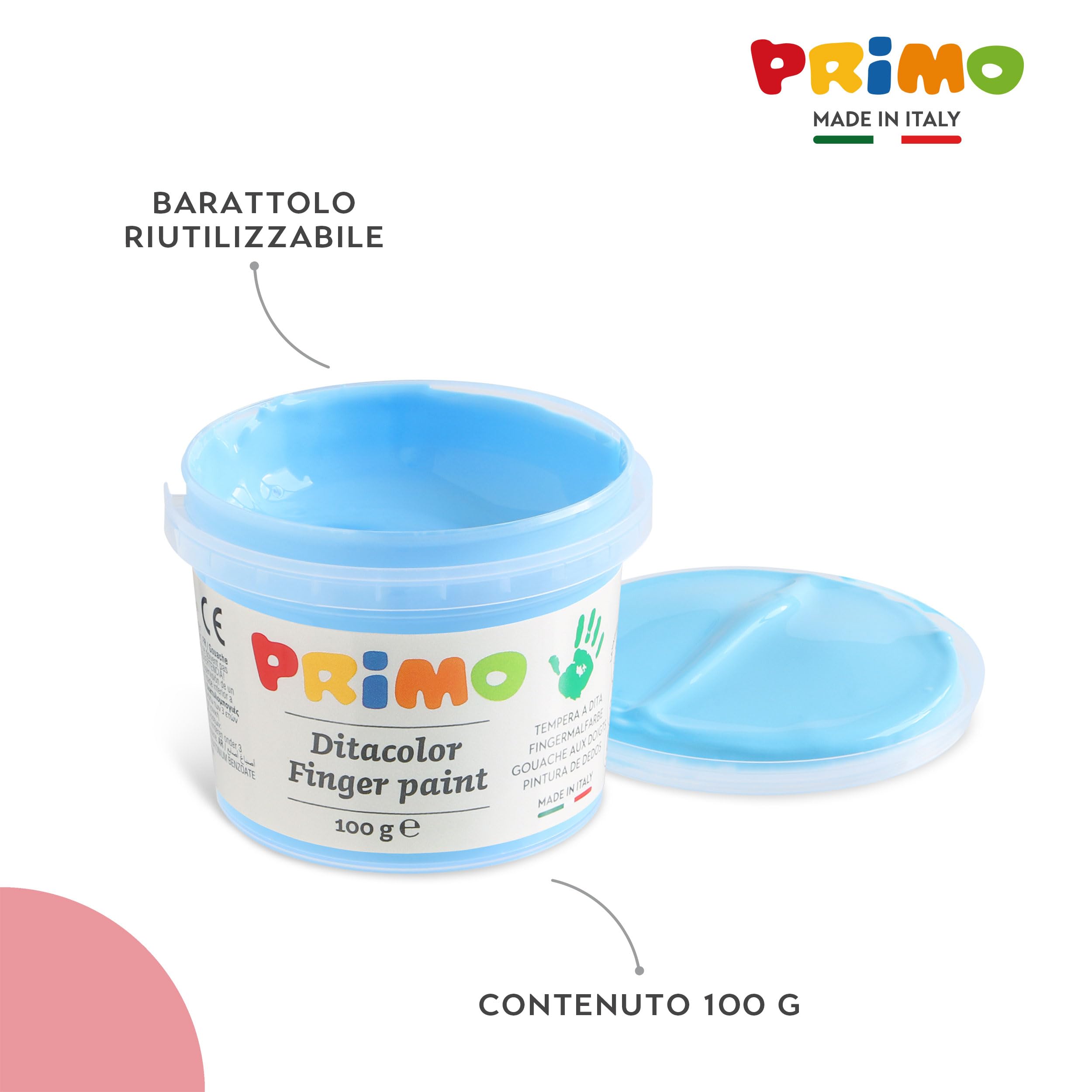 PRIMO - Valigetta Colori per Bambini +2 Anni Prima Infanzia, Tempere per Dipingere a Dita 100g 6 Colori Pastello per Carta Vetro, Tempera per Cartoleria e Lavoretti Creativi Dermatologicamente Testata