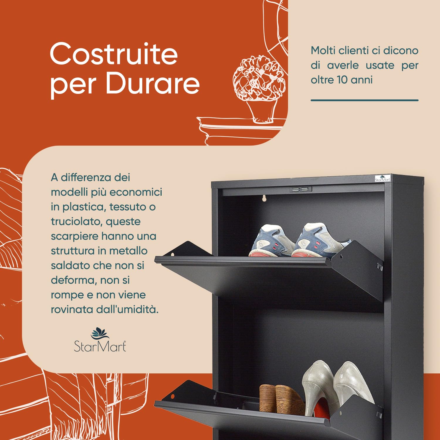 StarMart Scarpiera Salvaspazio Slim NERA (3 Ante 9 Paia, Nessun Montaggio) Struttura in Metallo resistente (no plastica, tessuto, or legno), per Interni/Esterni, Scarpe/Stivali, Garanzia 15 Anni