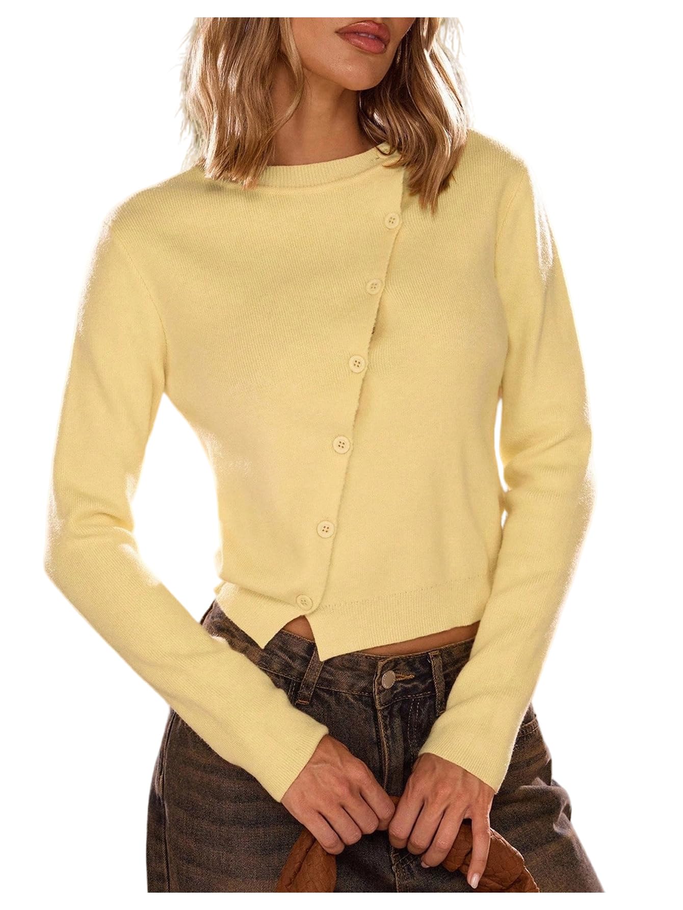 SHENHE Womens Button Up Sweater Cardigan Crew Neck Y2k Fall Knit Going Out Crop Sweater