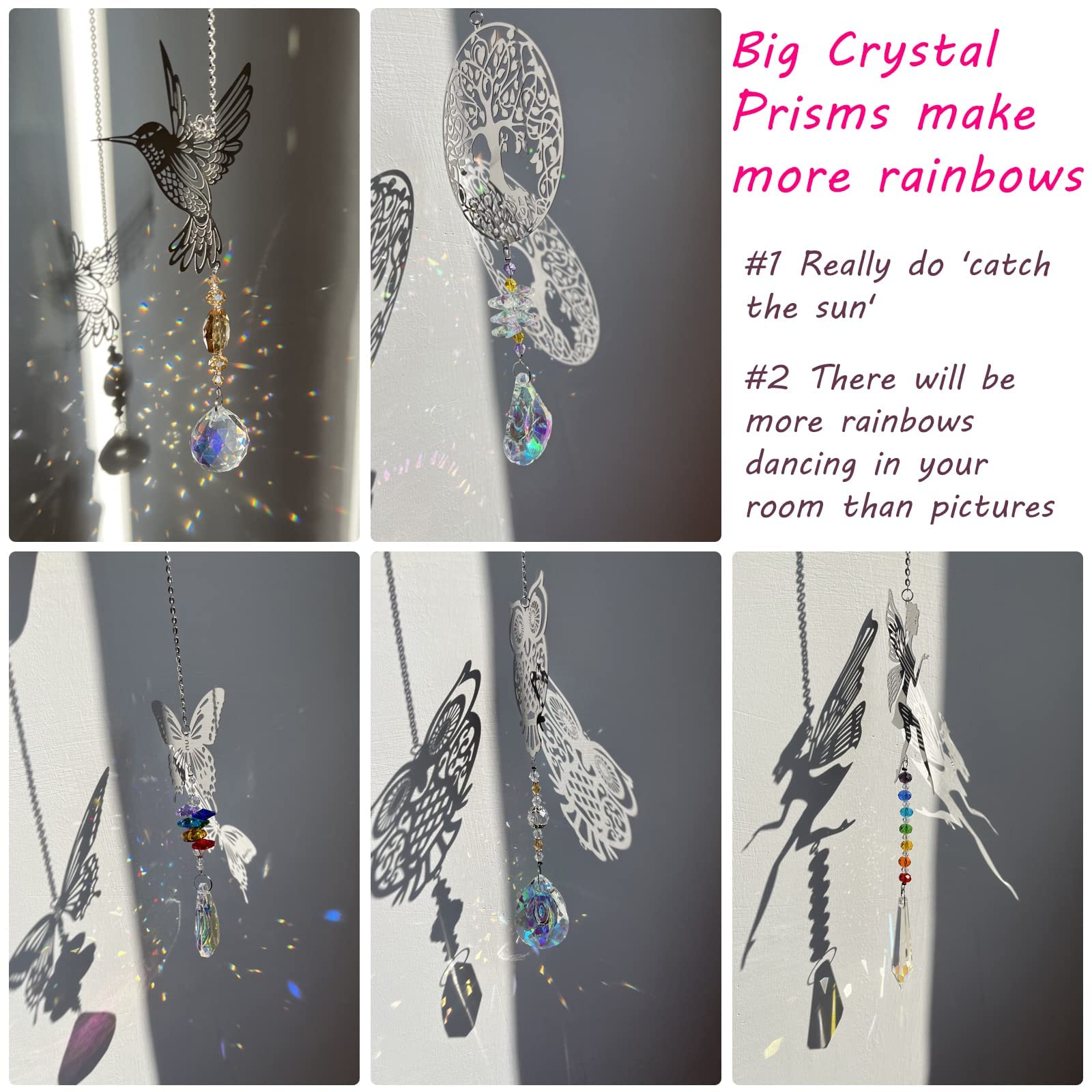Suncatcher Crystal Wind Chimes, Pack of 5 Tree Owls Hummingbird Butterfly Fairy Pendant, Rainbow Crystal, Window Decoration - Image 3