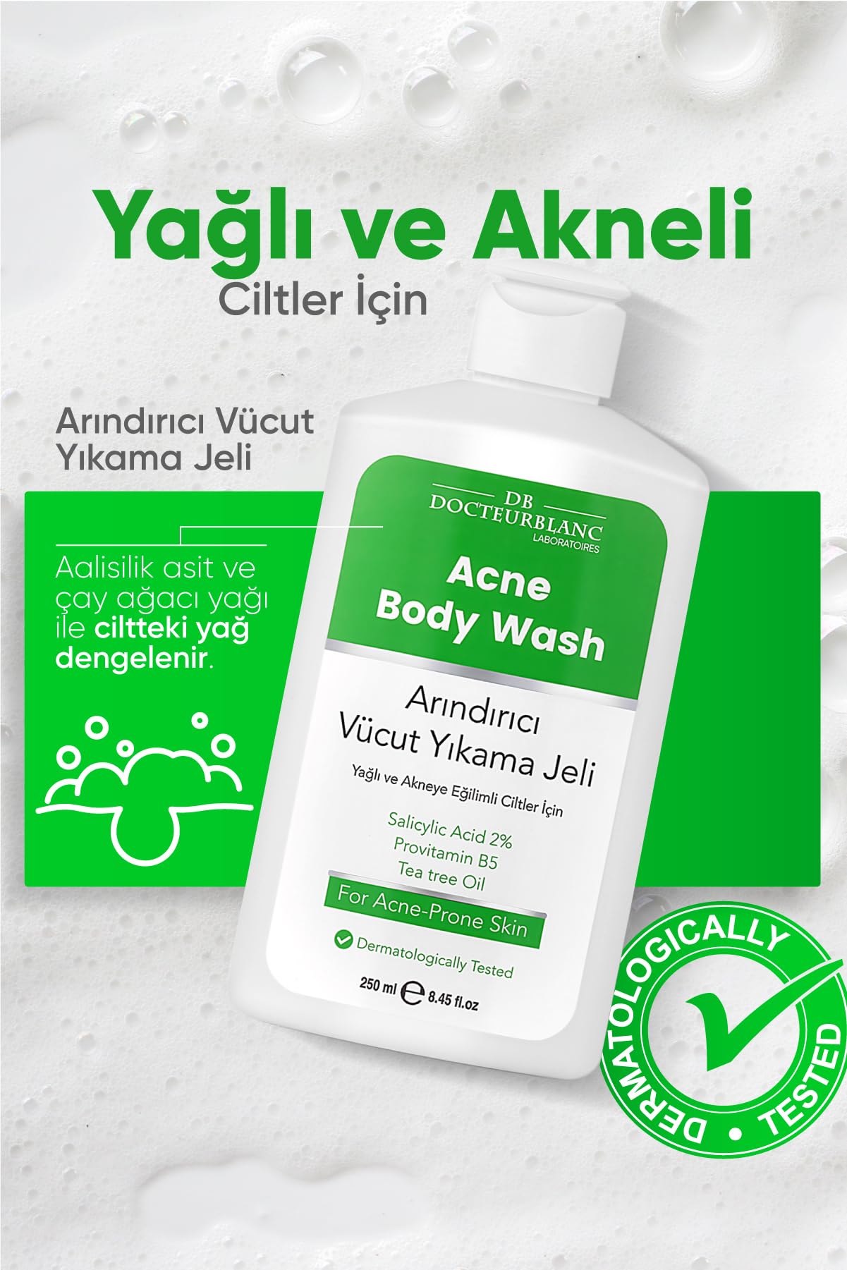DOCTEURBLANC LABORATOIRES Akneye Eğilimli Ciltler İçin Sivilce ve Sivilce İzlerine Karşı Arındırıcı Vücut Yıkama Duş Jeli