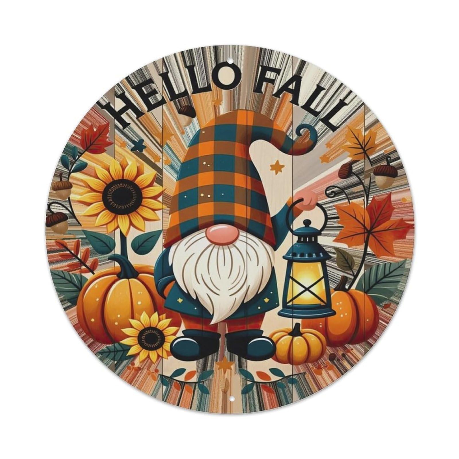 Gnome Lantern Pumpkins Sunflowers Leaves Metal Tin Sign