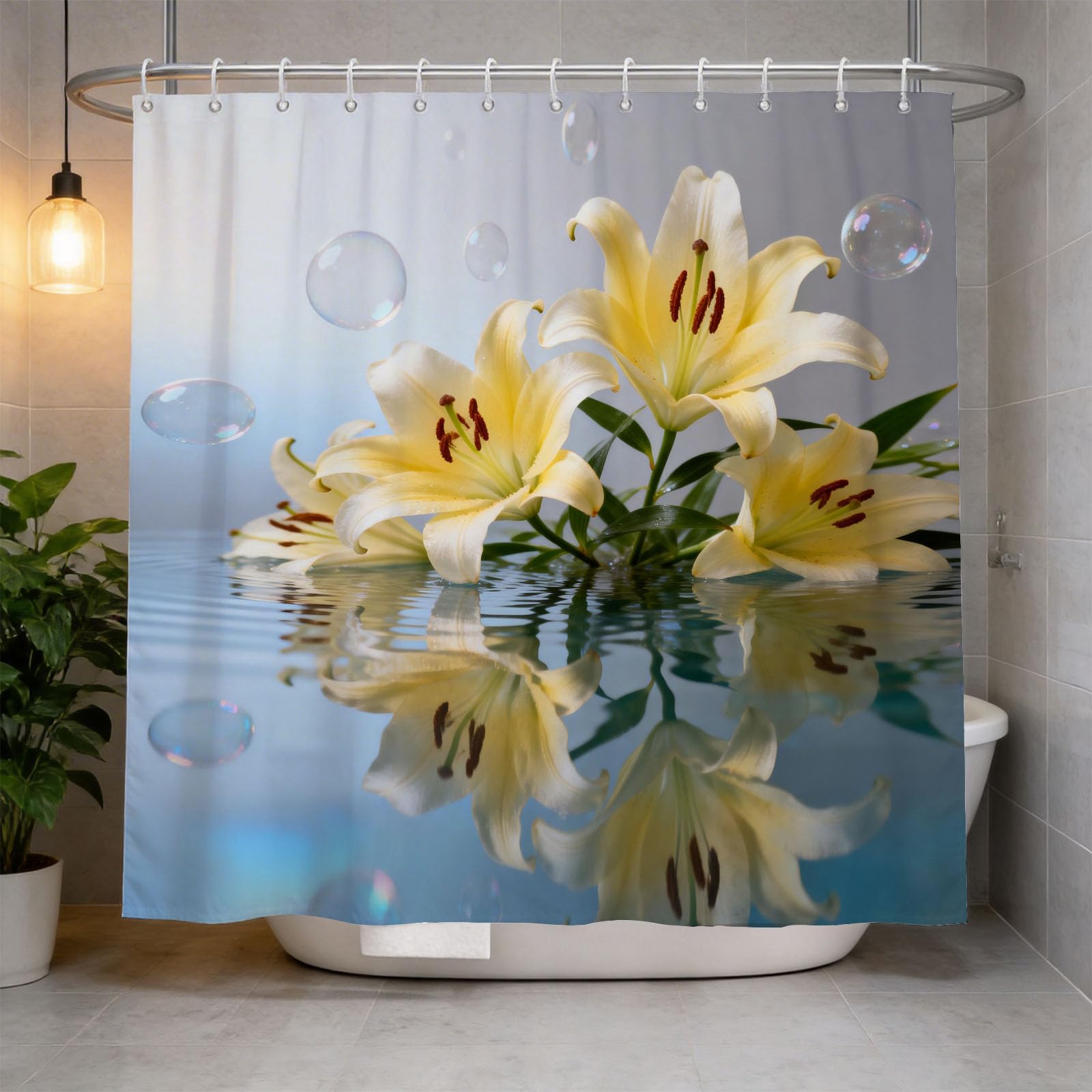 Hongduo 3D Lily Shower Curtain for Stalls Bathtubs Water Reflection Bathroom Decor Shower Curtain Set Polyester Fabric Waterproof 200x200cm/79X79 Inch with Hooks