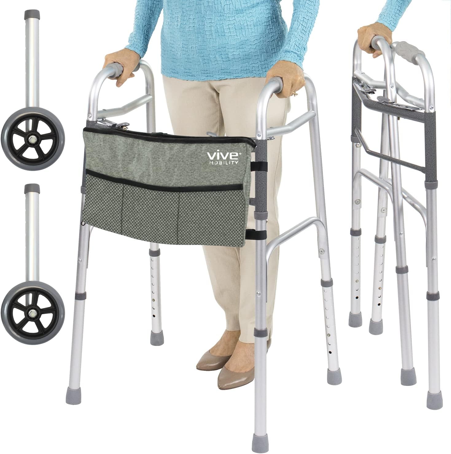 Vive MobilityFolding Walker for Seniors (with Wheels & Bag) - Rolling Rollator - Narrow, Foldable, Lightweight - Medical Front Wheeled Support - for Adults, Handicap, Elderly (with Black Bag)