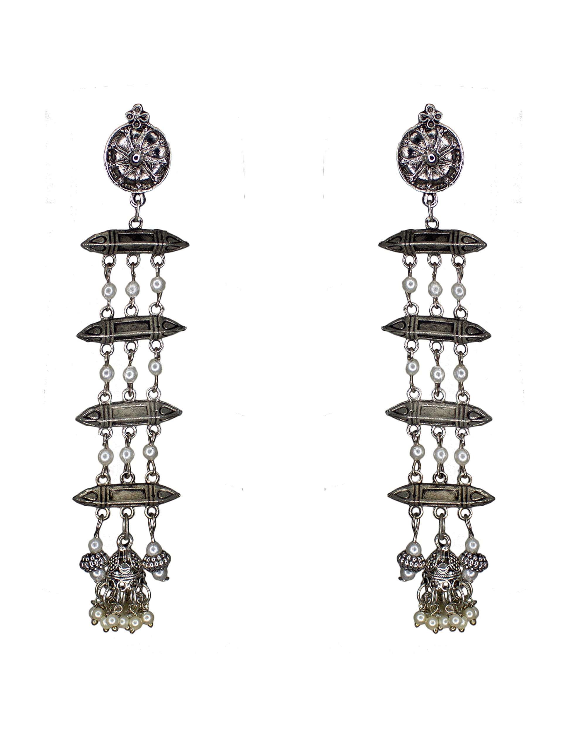 Handcrafted Beautiful Multi Layer Oxidised Silver Studs Light Weight Earrings for Women