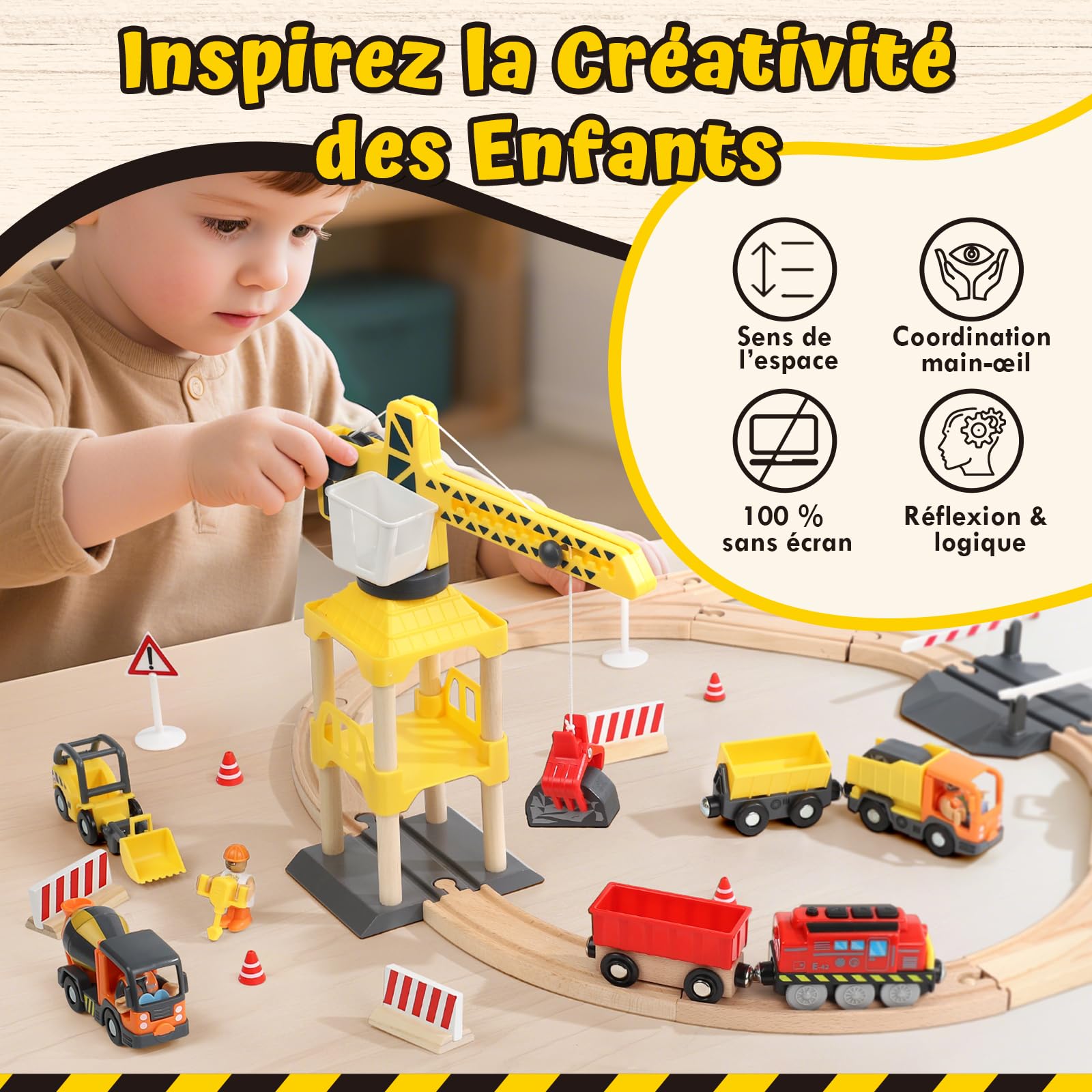 Lehoo Castle 68 Pcs Train en Bois, Train Electrique Enfant, Enfant Grue, Compatible avec Brio, Thomas, Jouet pour Enfants 3+ Ans